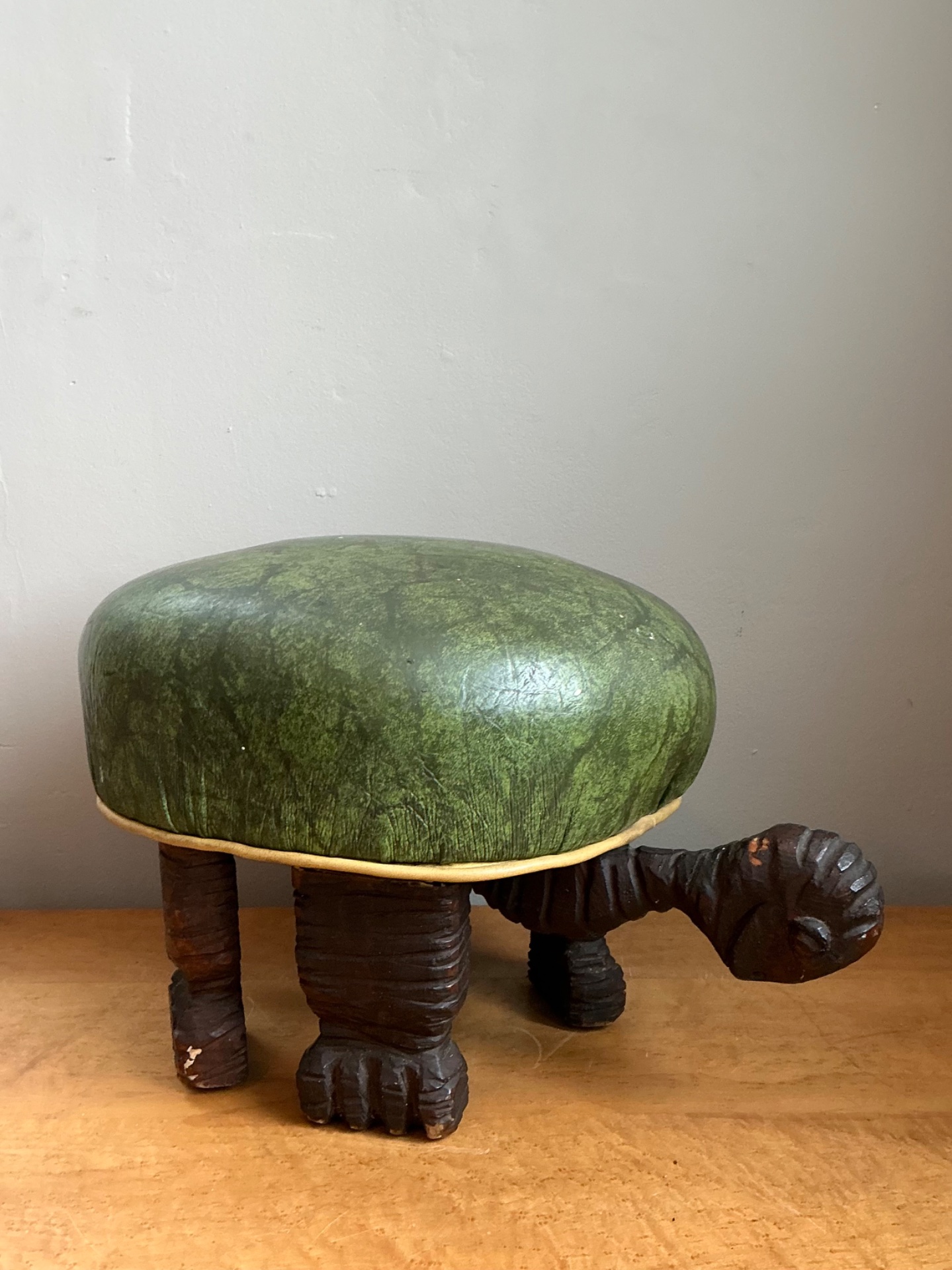 Vintage Primitive Hand Carved Turtle Footstool - Top view