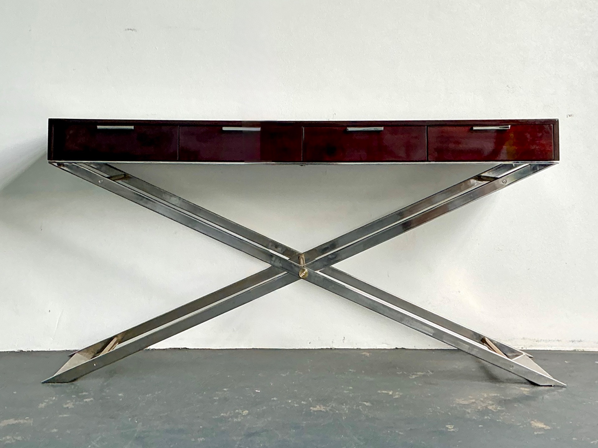 Vintage Chrome and Wood Console Table with Brass Accents - Top view