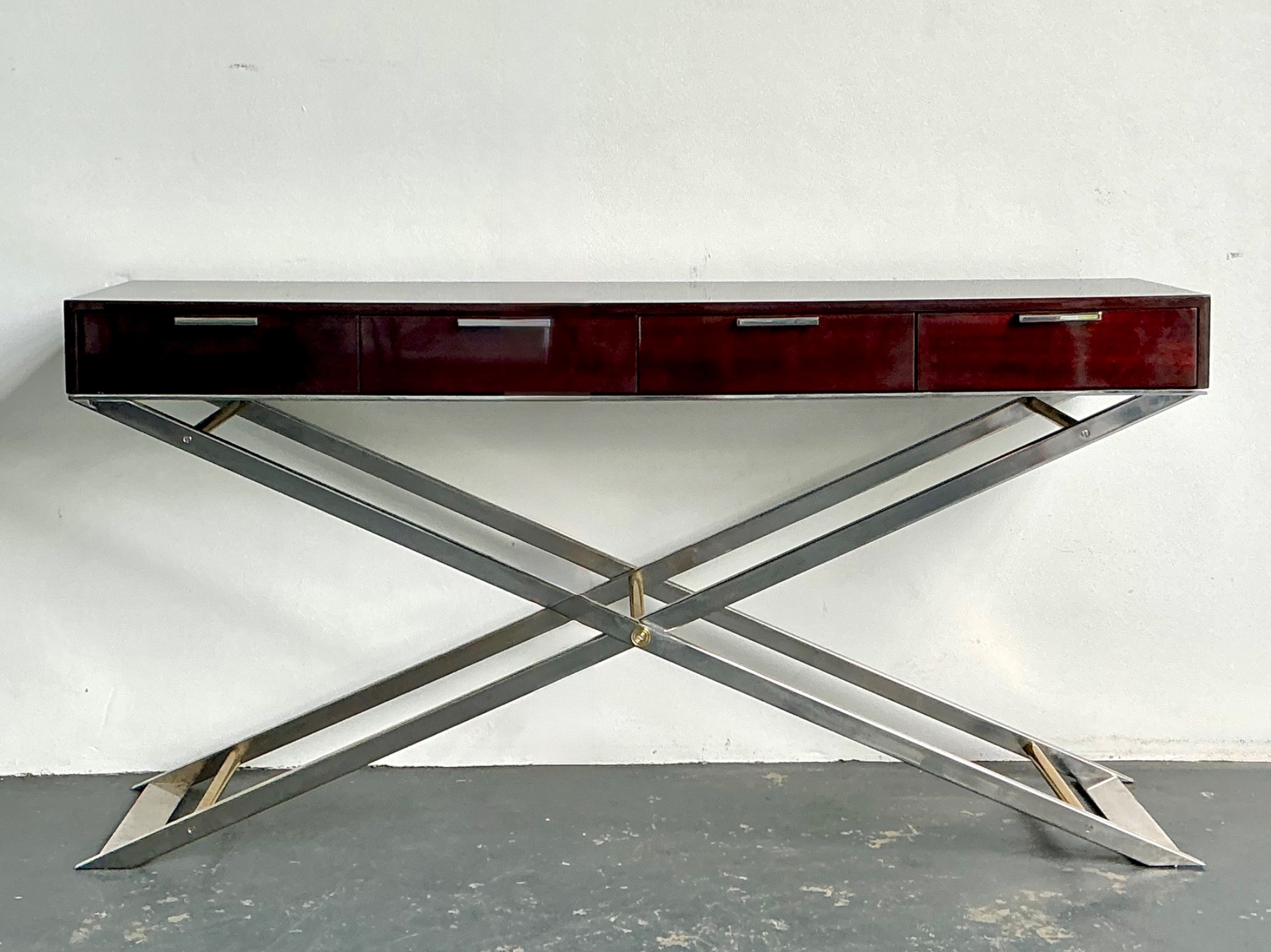 Vintage Chrome and Wood Console Table with Brass Accents - Side view