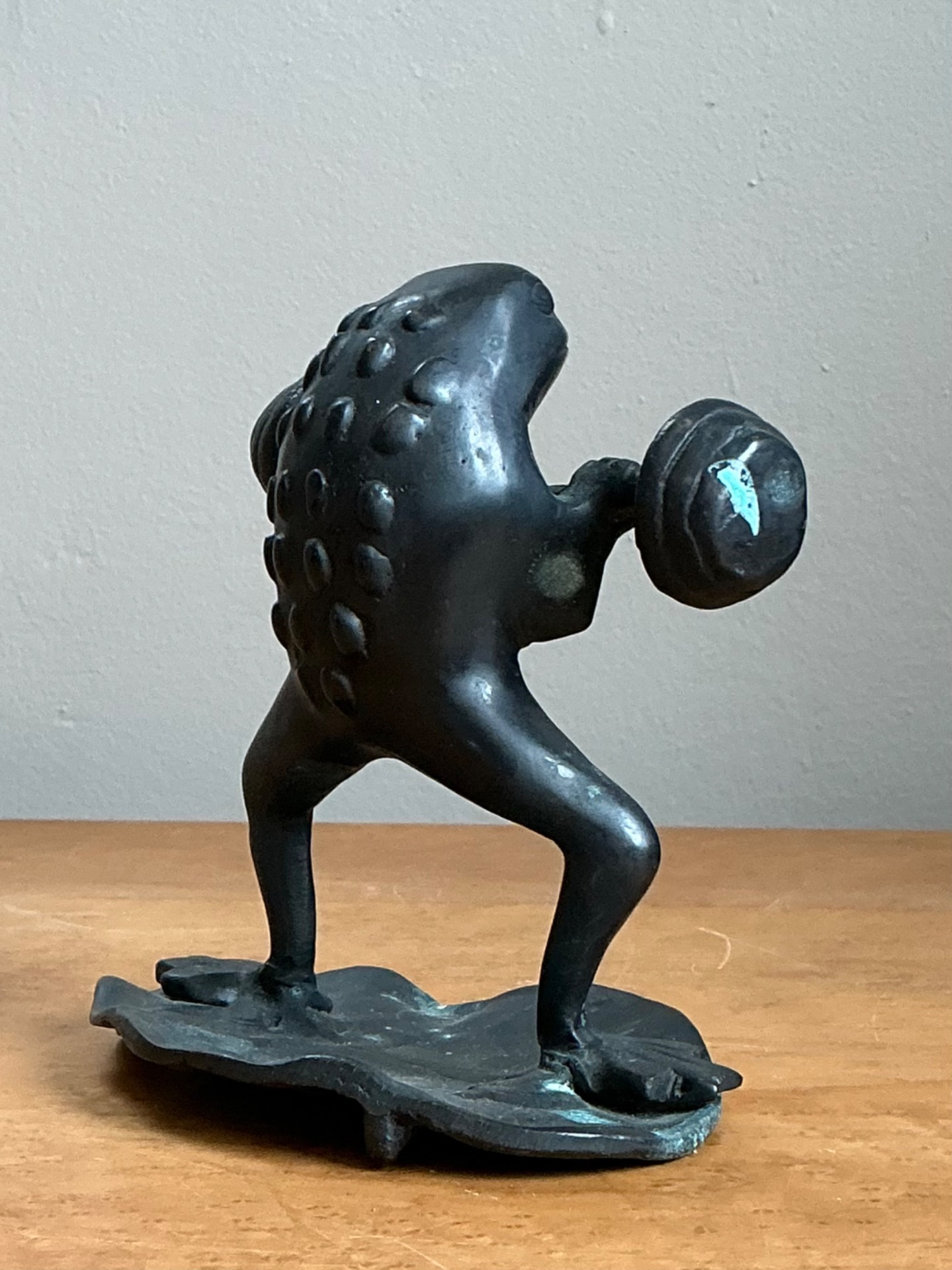 Vintage Frog Lifting Weights Bronze Figurine - Top view