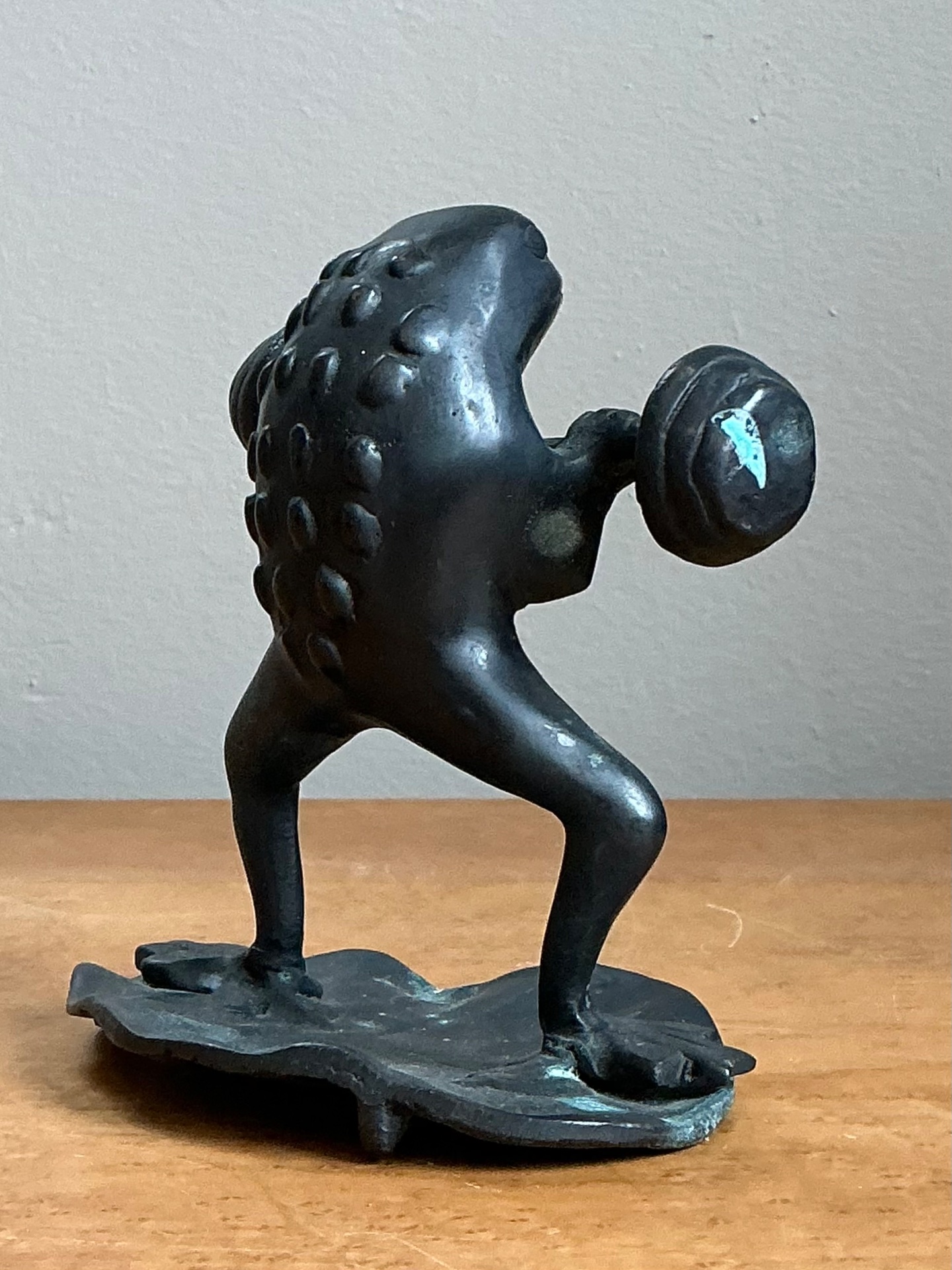 Vintage Frog Lifting Weights Bronze Figurine - Back view
