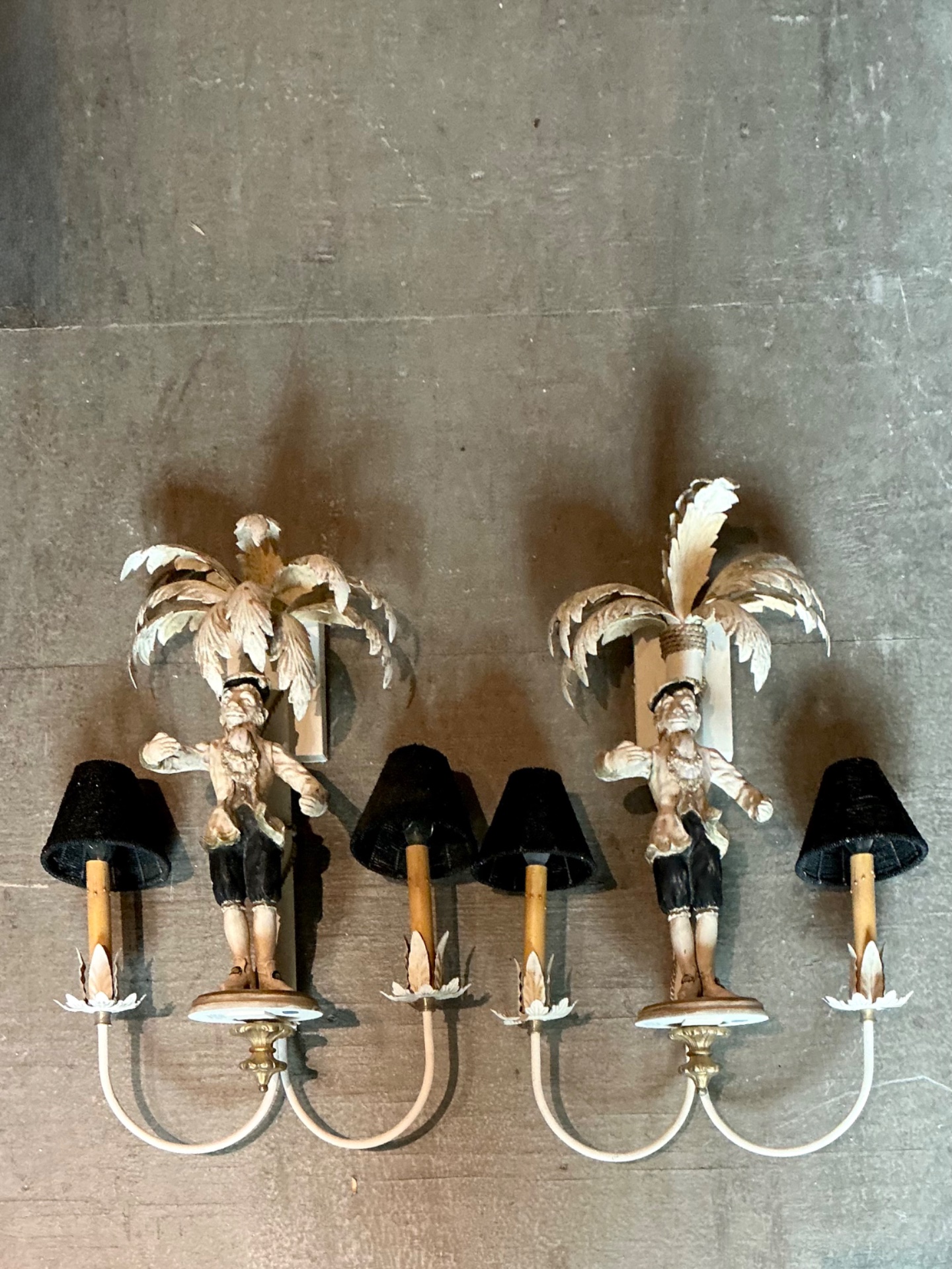 Vintage Monkey Palm Tole Sconces - A Pair - Top view