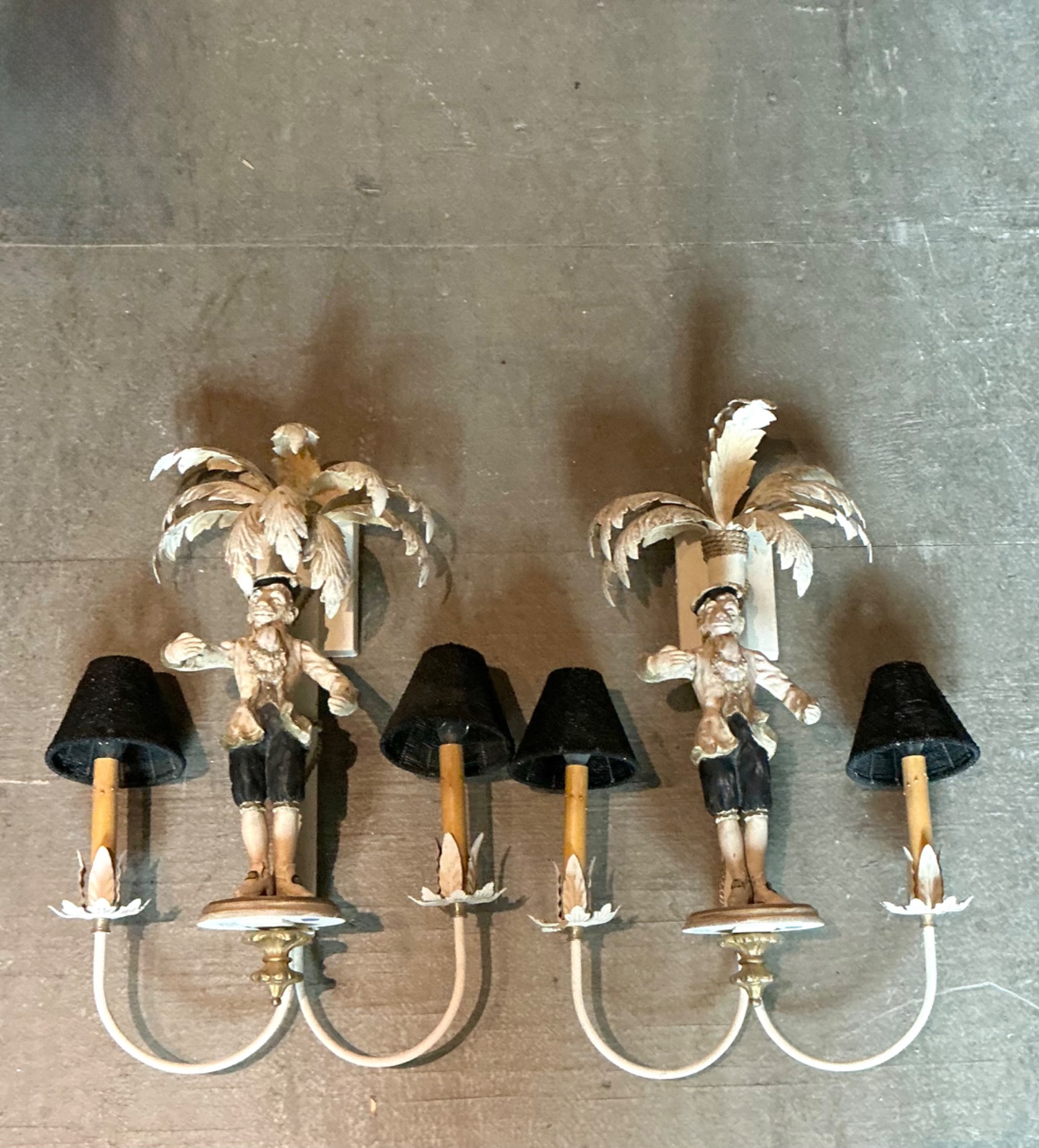 Vintage Monkey Palm Tole Sconces - A Pair - Side view