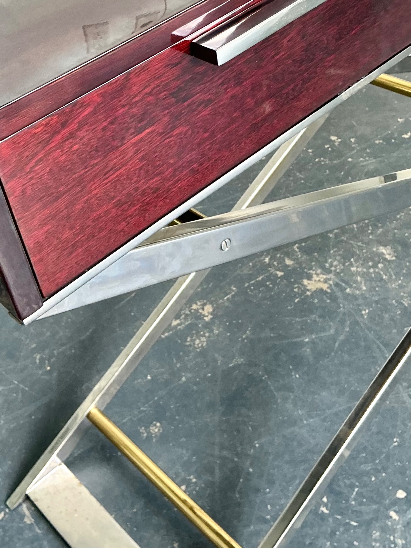 Vintage Chrome and Wood Console Table with Brass Accents - Back view