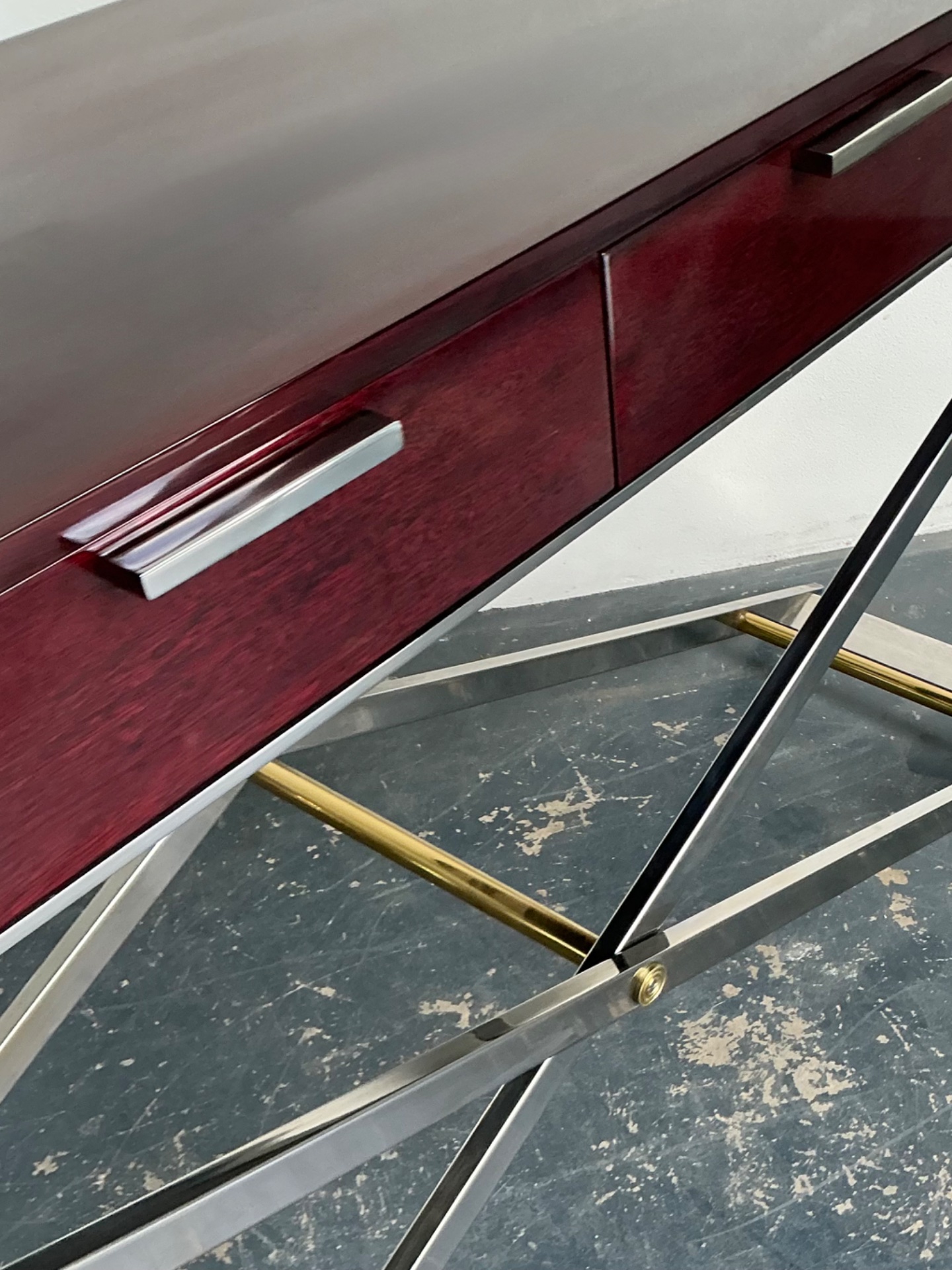 Vintage Chrome and Wood Console Table with Brass Accents - Detail view