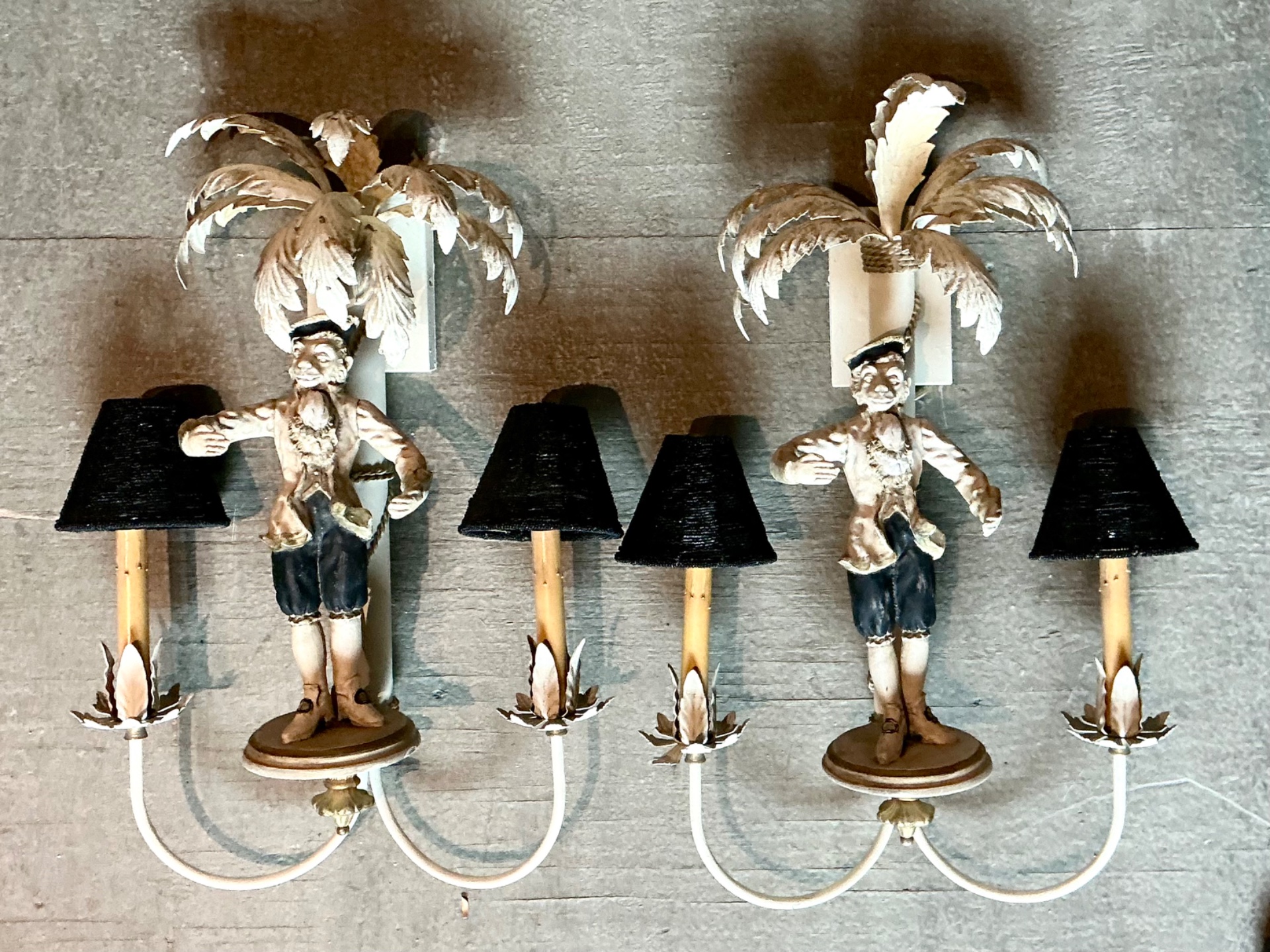 Vintage Monkey Palm Tole Sconces - A Pair - Back view