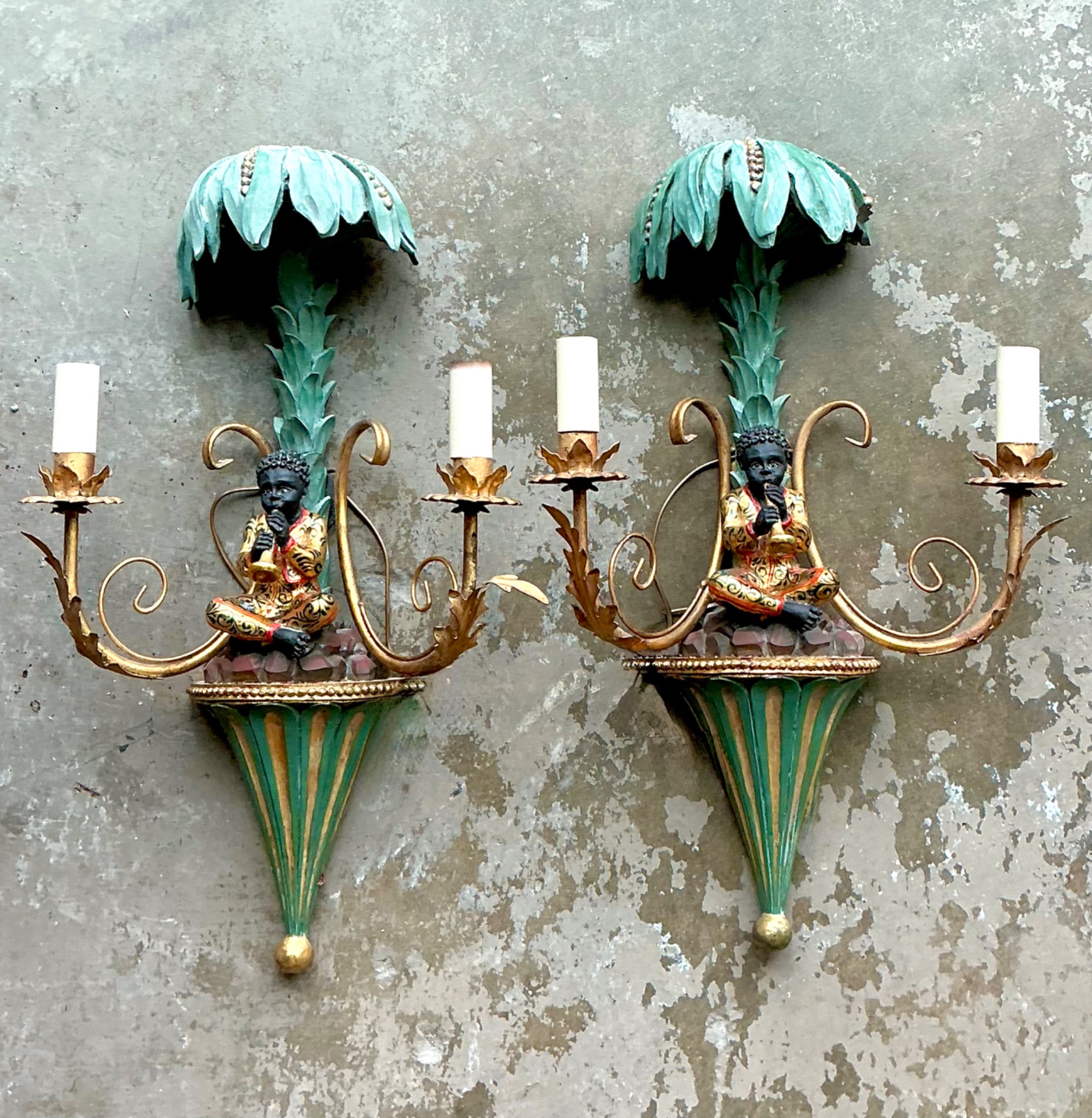Vintage Regency Blackamoor Tole Sconces - A Pair - Top view