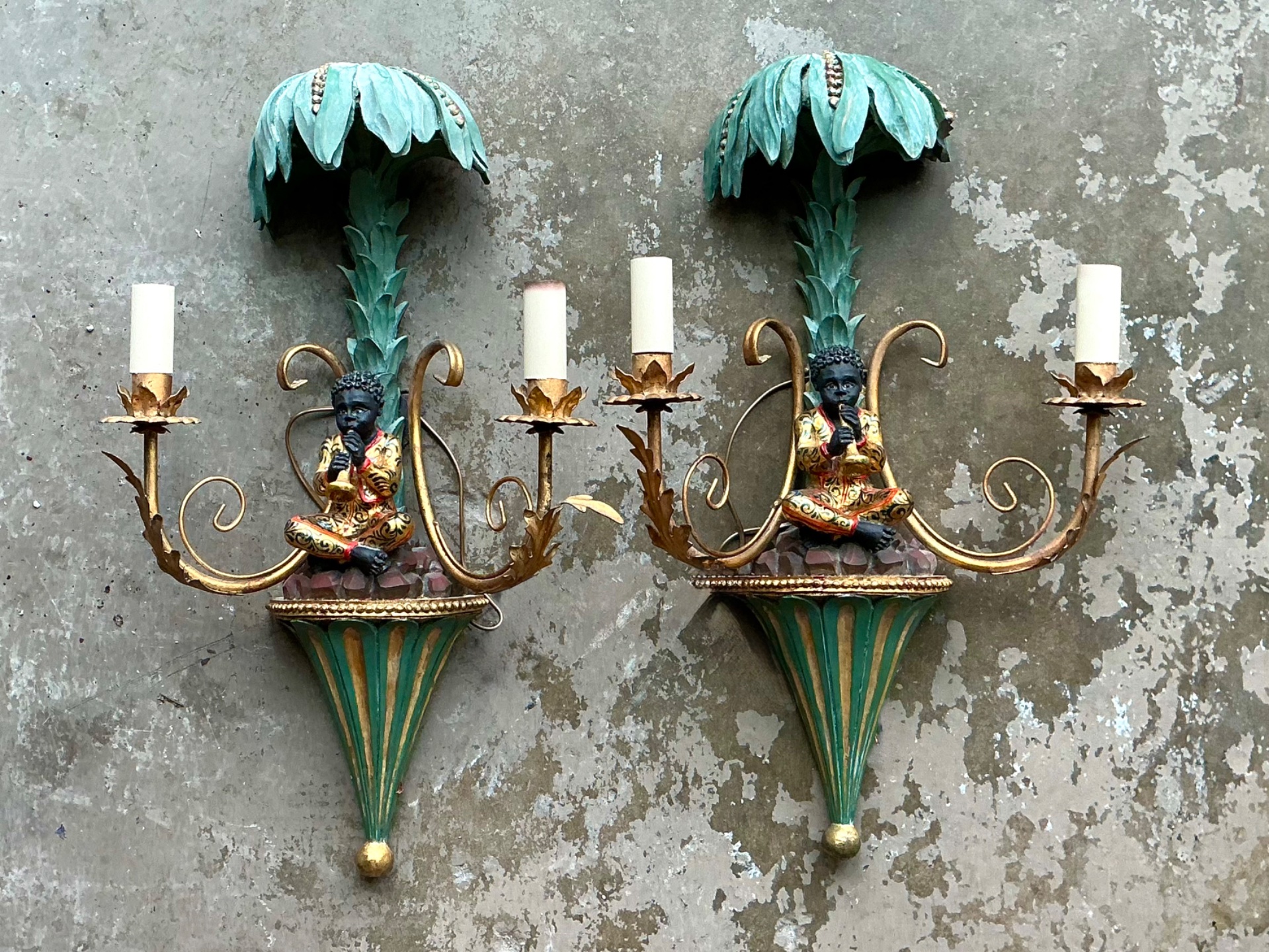 Vintage Regency Blackamoor Tole Sconces - A Pair - Side view
