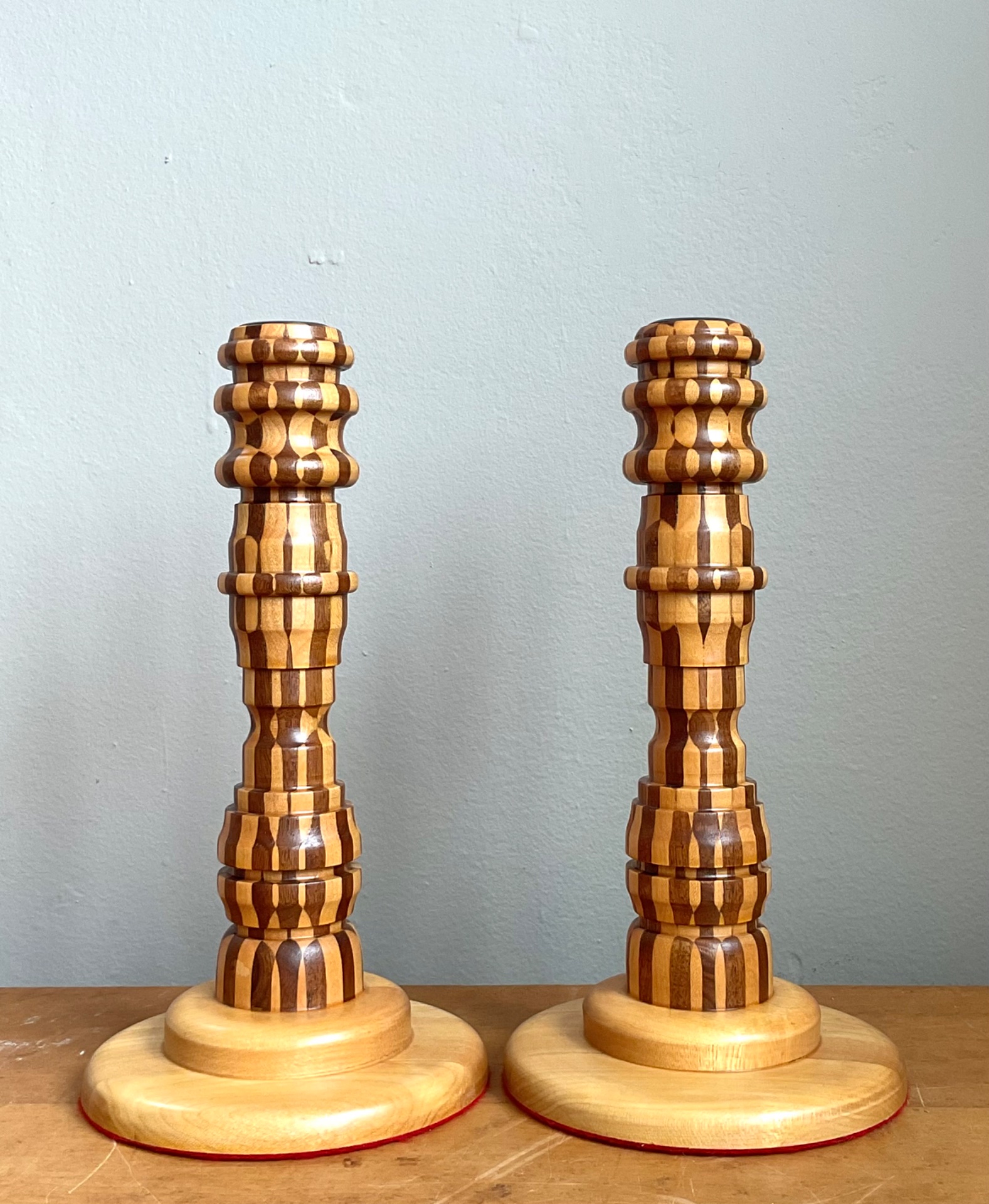 Vintage Inlaid Wood Candlesticks - a Pair - Side view
