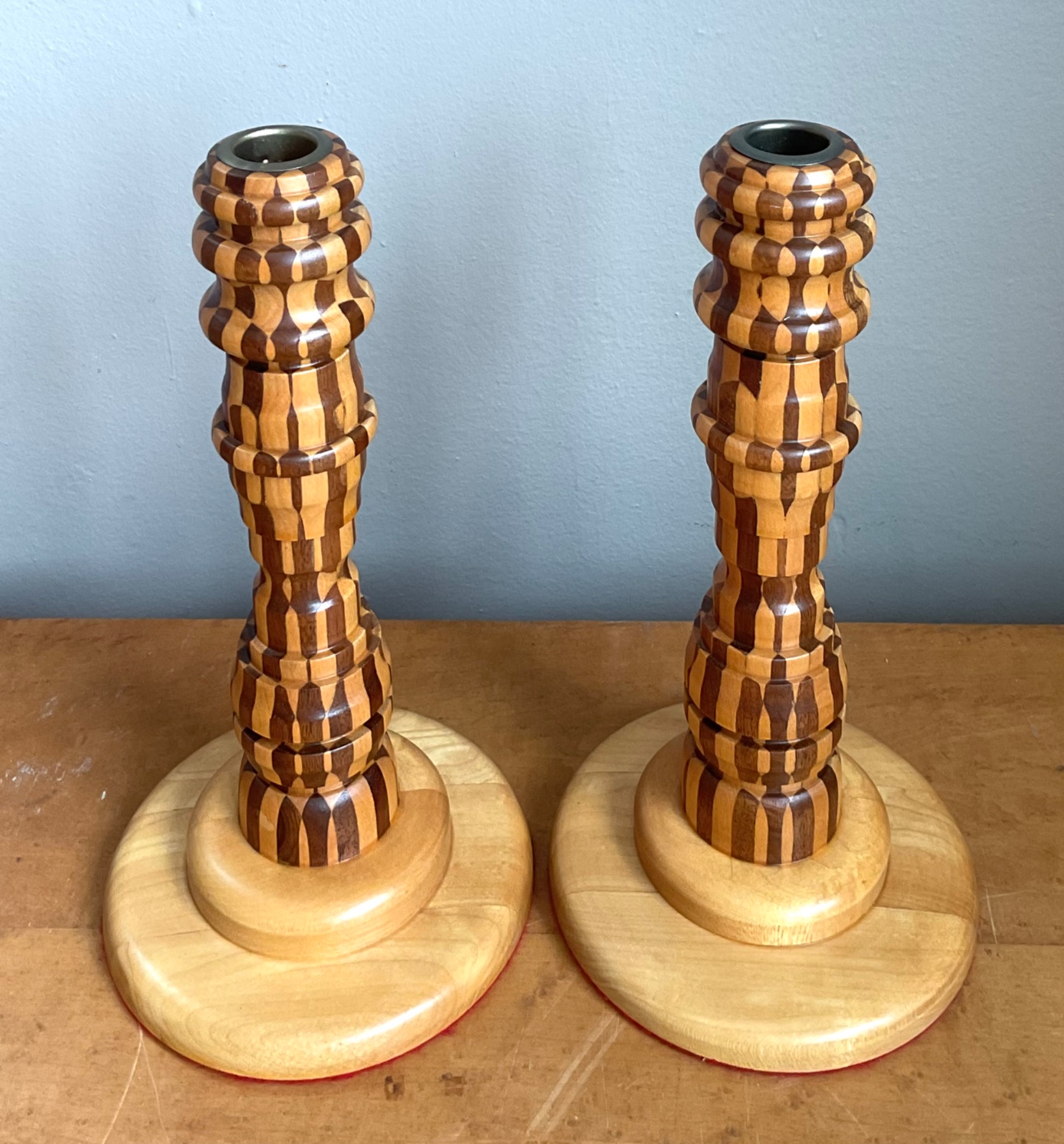 Vintage Inlaid Wood Candlesticks - a Pair - Top view