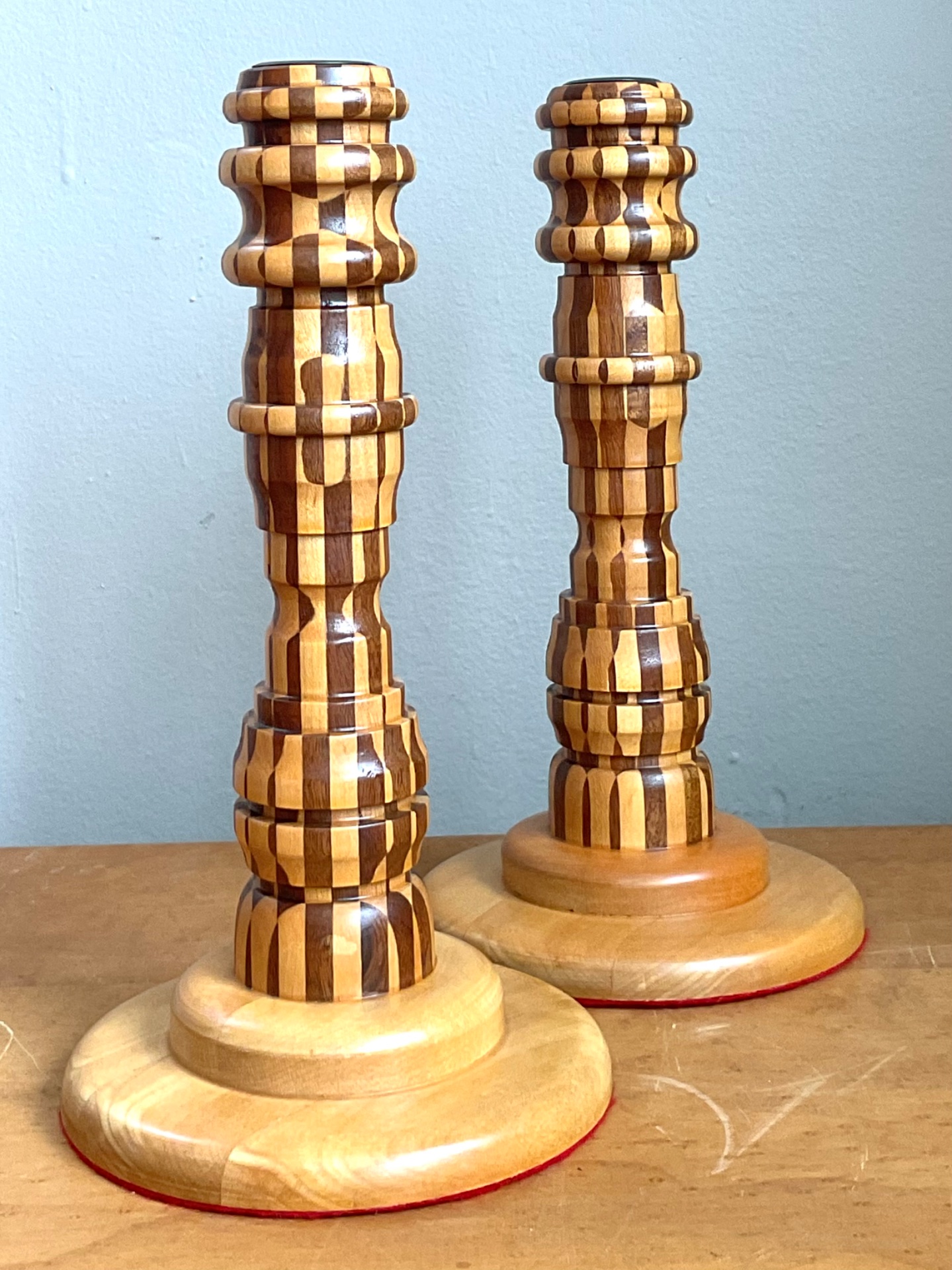 Vintage Inlaid Wood Candlesticks - a Pair - Detail view