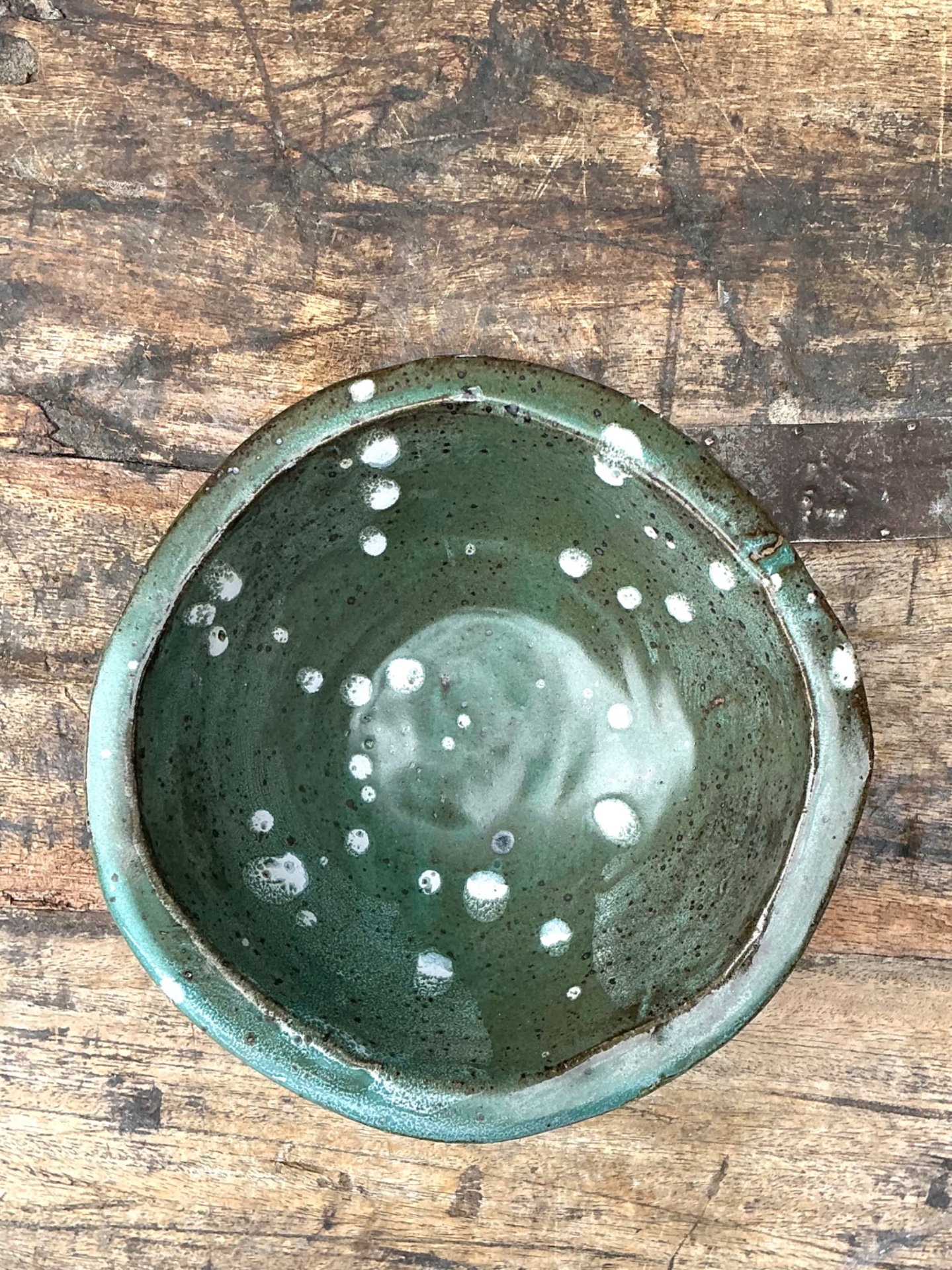 Vintage Green Glazed Studio Pottery Bowl - Top view