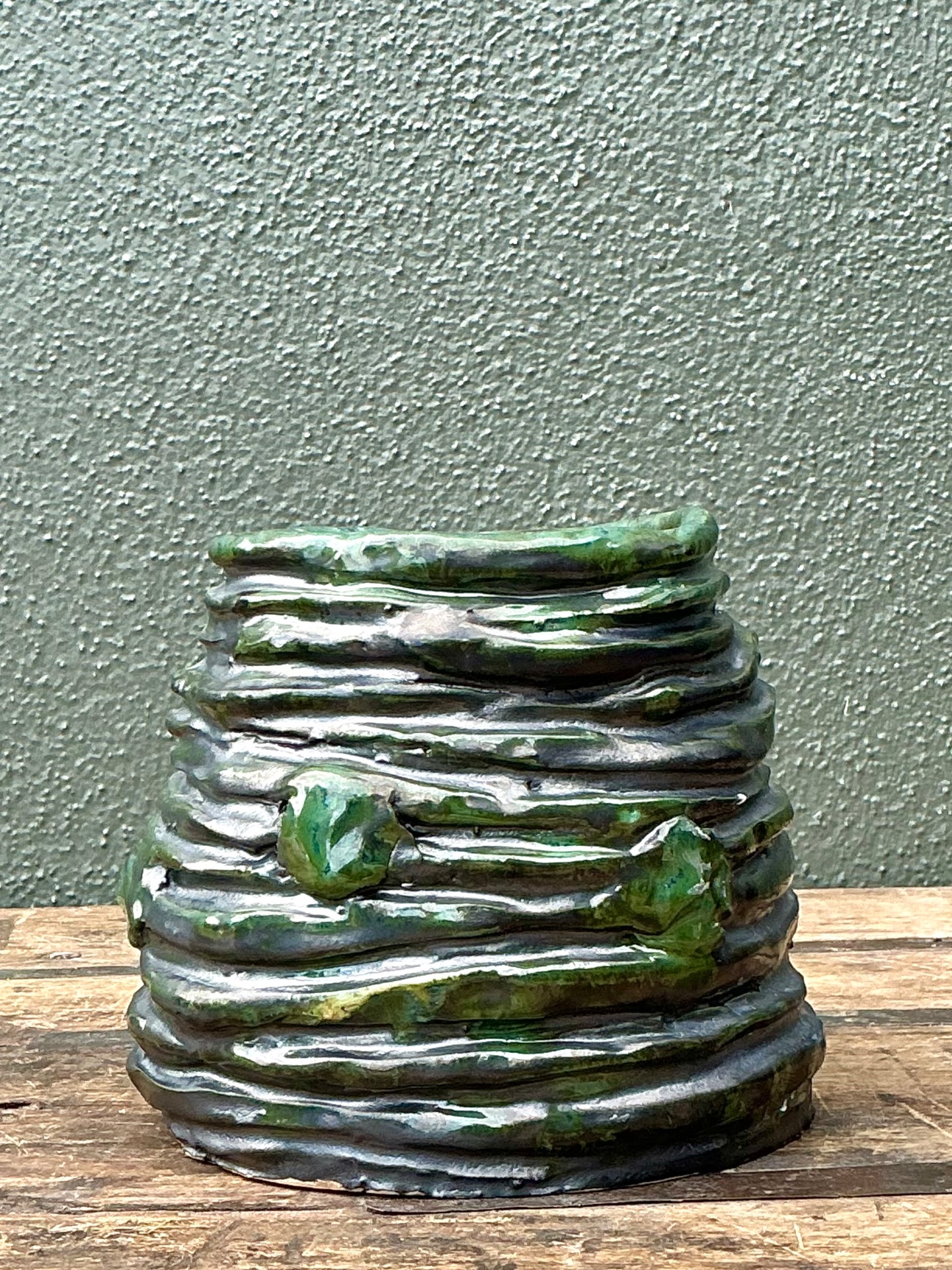 Vintage Abstract Green Glazed Ceramic Vase - Detail view