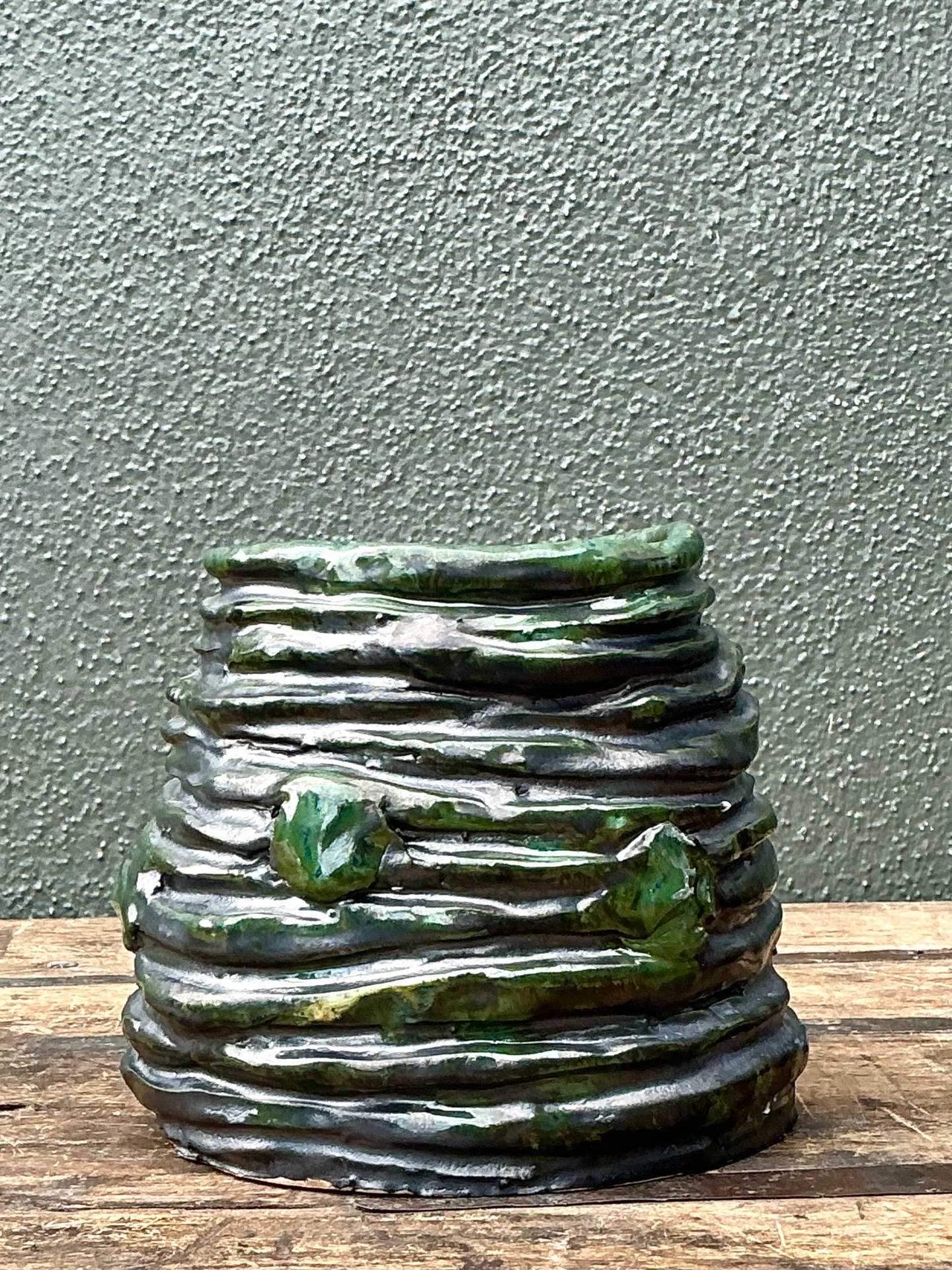 Vintage Abstract Green Glazed Ceramic Vase - Back view