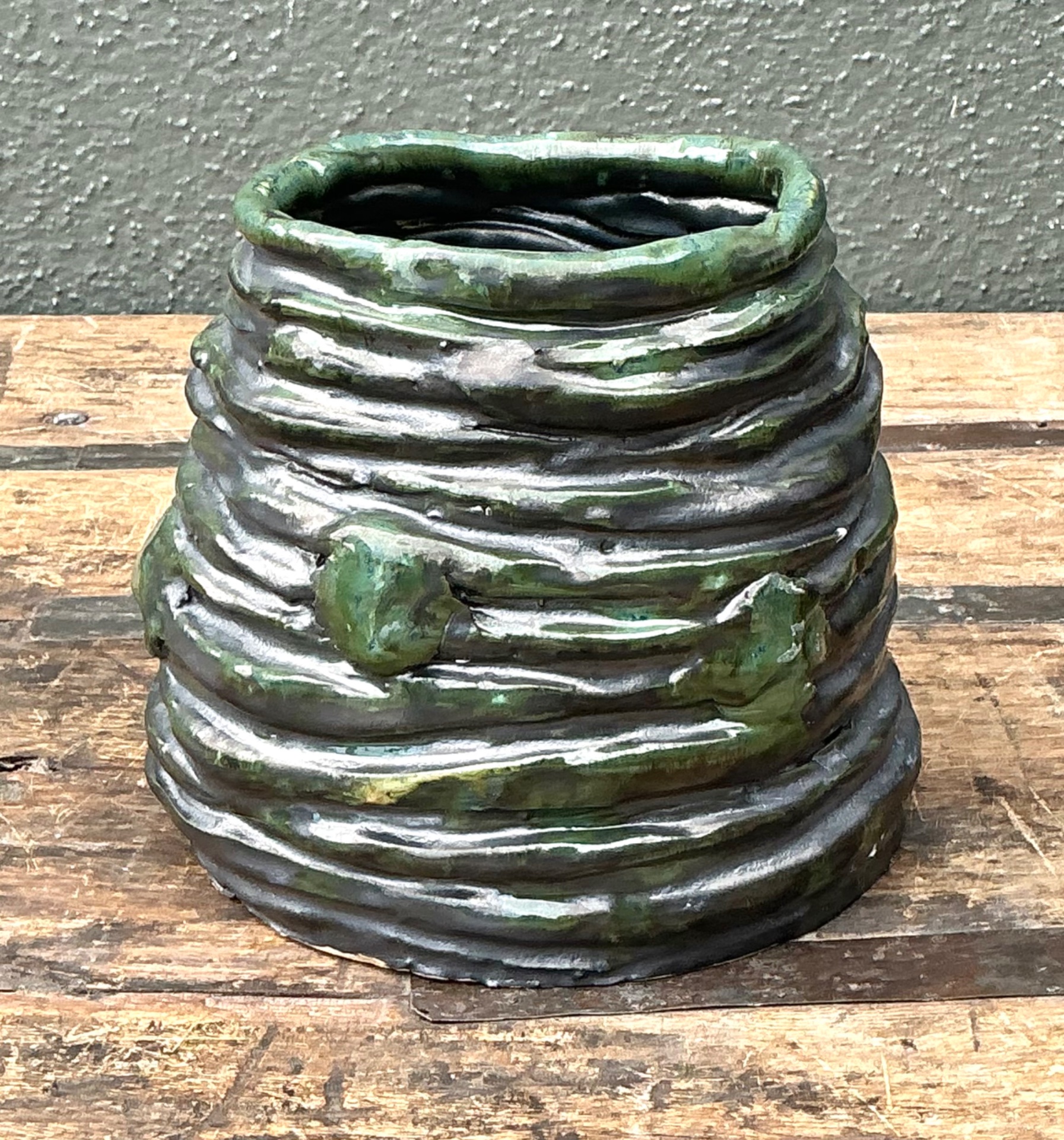 Vintage Abstract Green Glazed Ceramic Vase - Side view