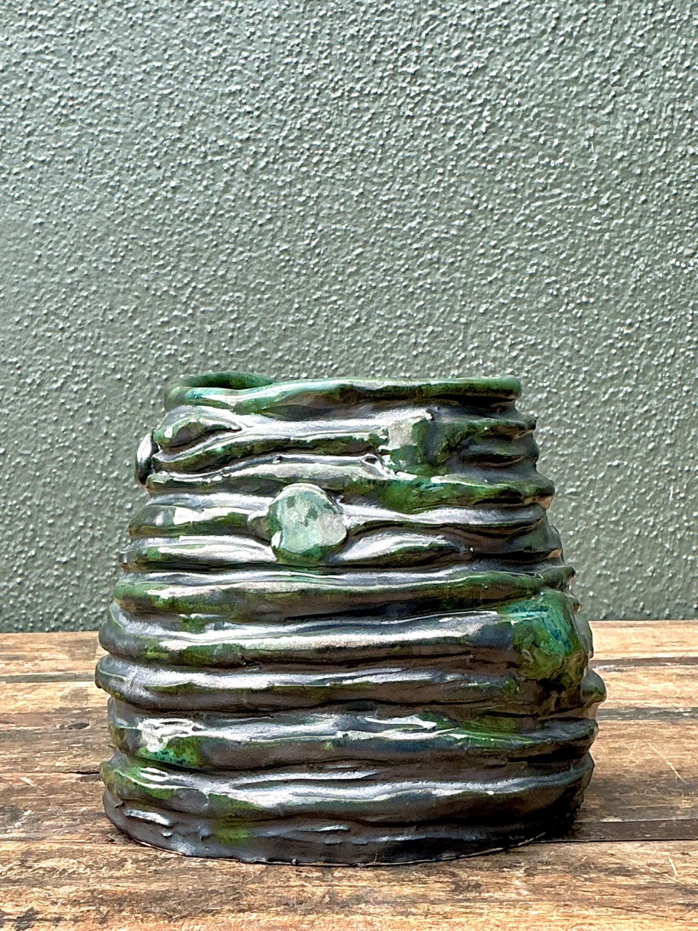 Vintage Abstract Green Glazed Ceramic Vase - Top view