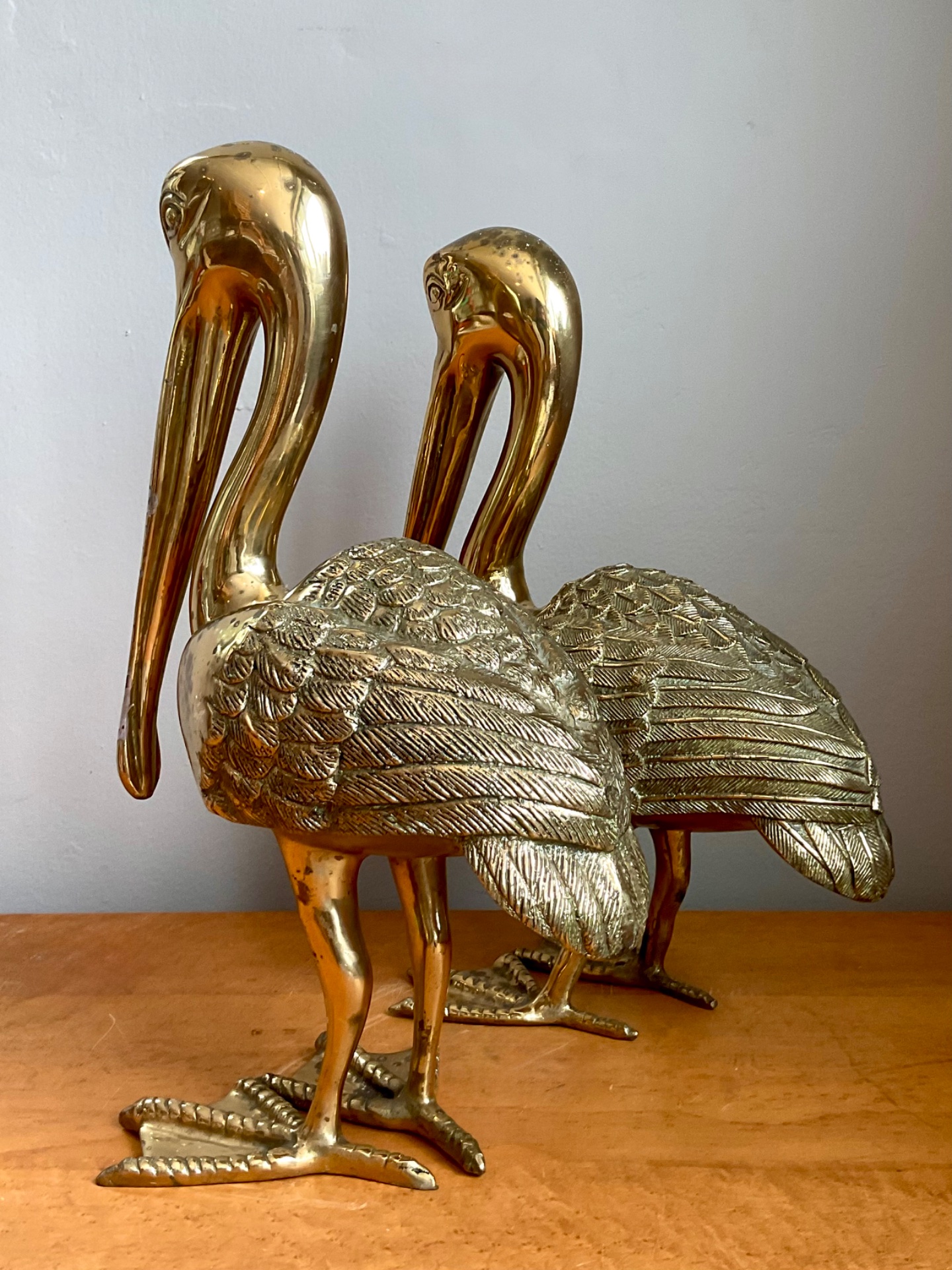 Vintage Brass Pelican Sculptures - a Pair - Side view