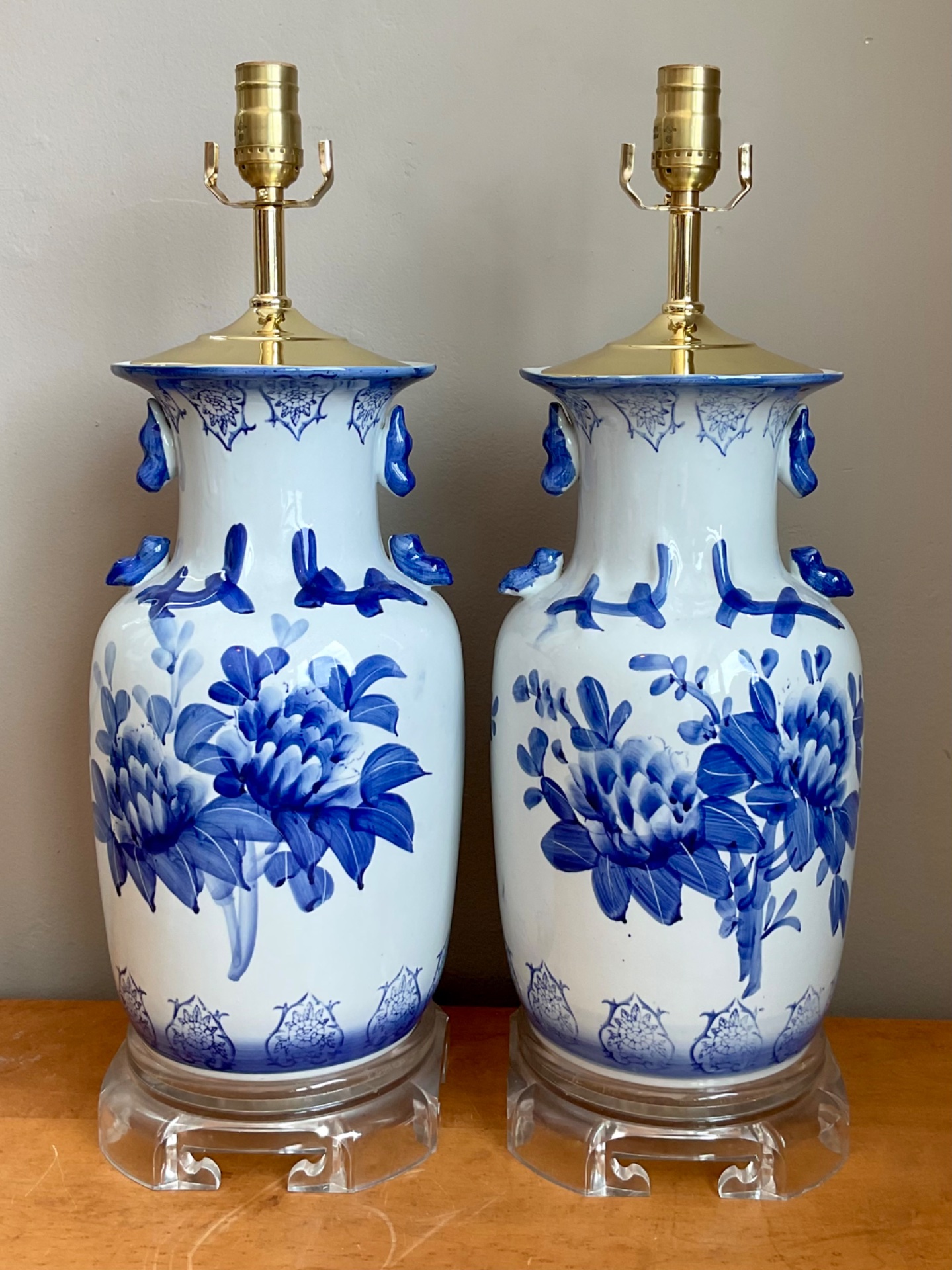 Vintage Blue and White Ceramic Table Lamps - A Pair - Top view