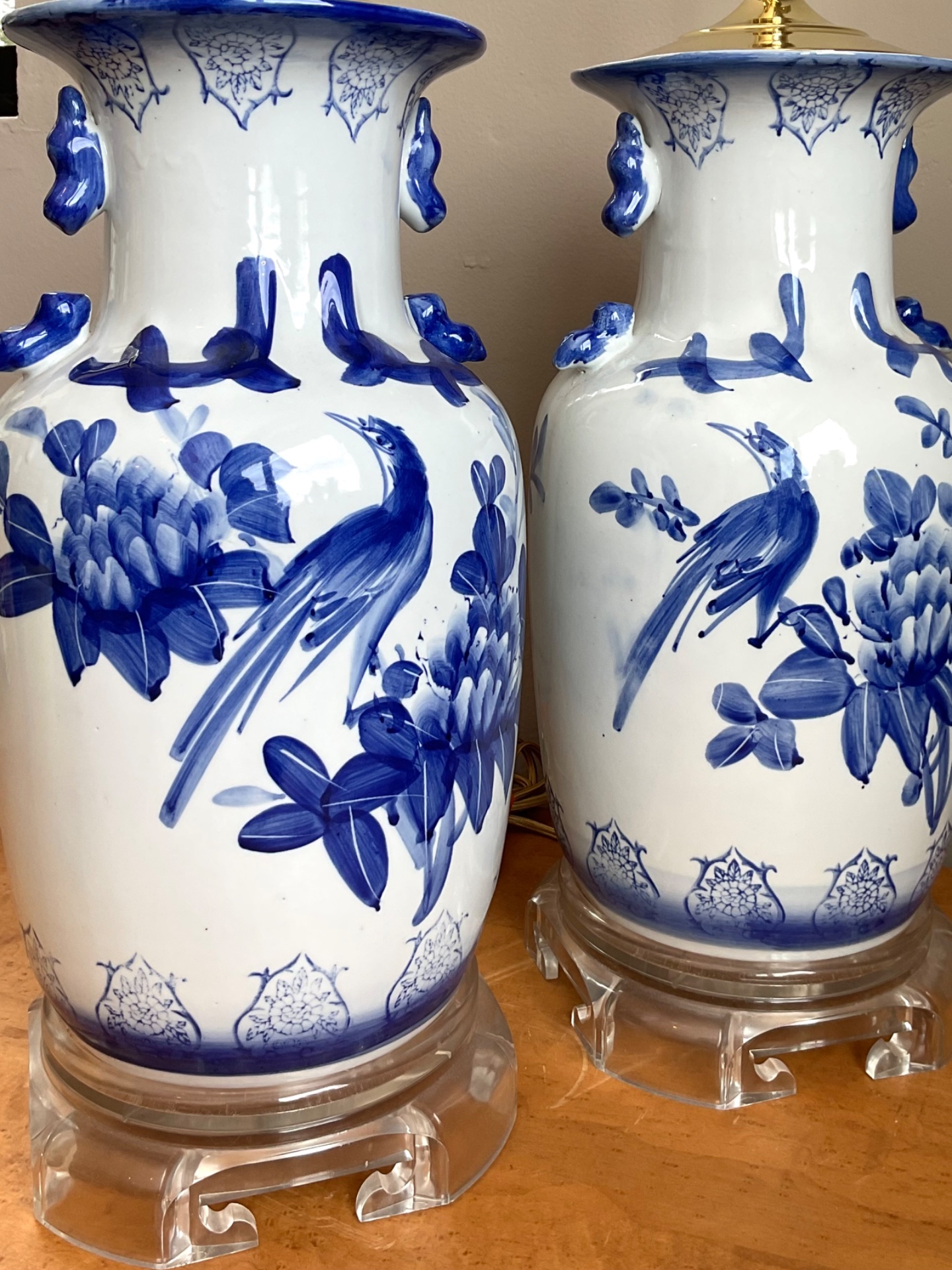 Vintage Blue and White Ceramic Table Lamps - A Pair - Side view