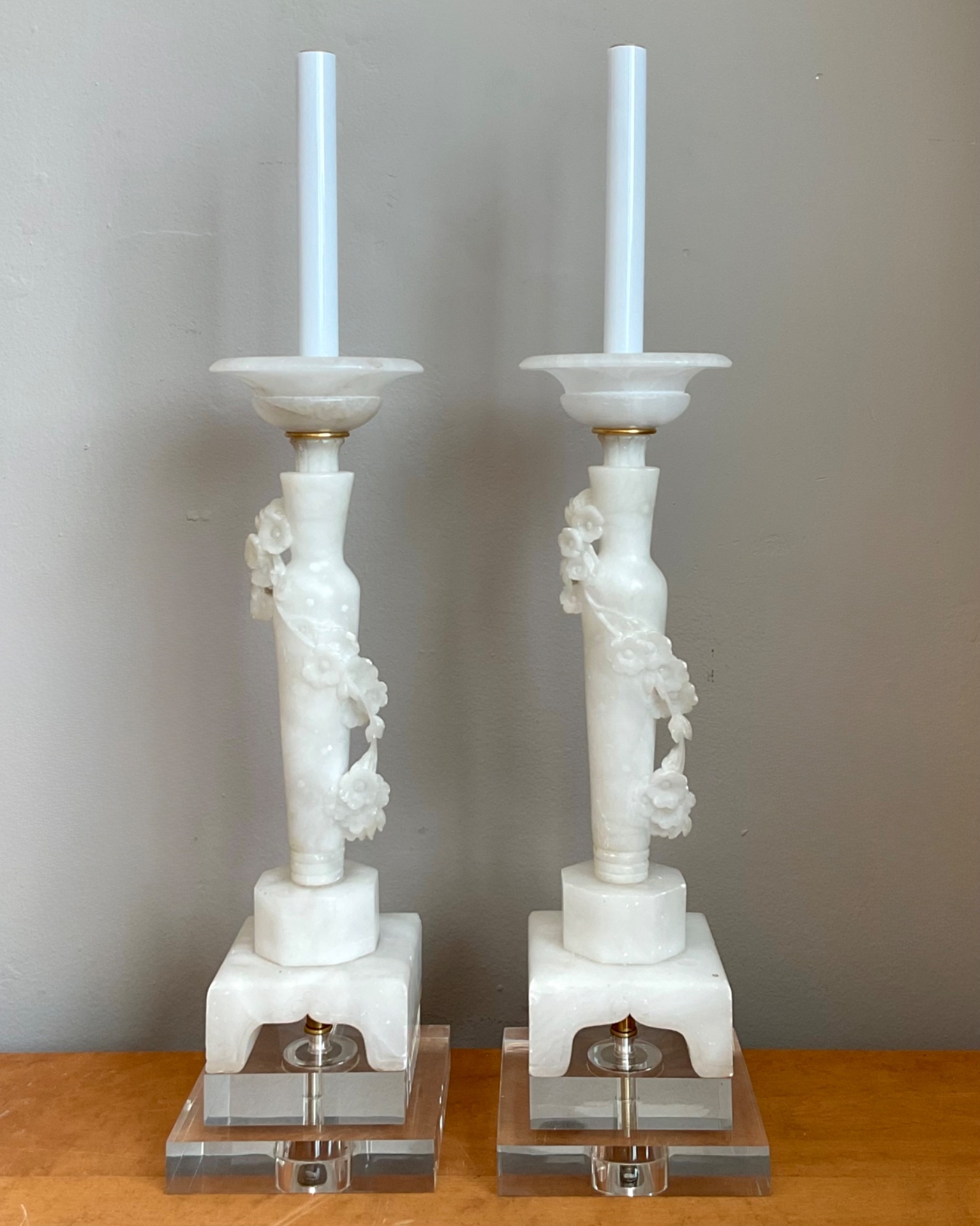 Vintage White Alabaster Candlestick Lamps - Set of 2 - Side view