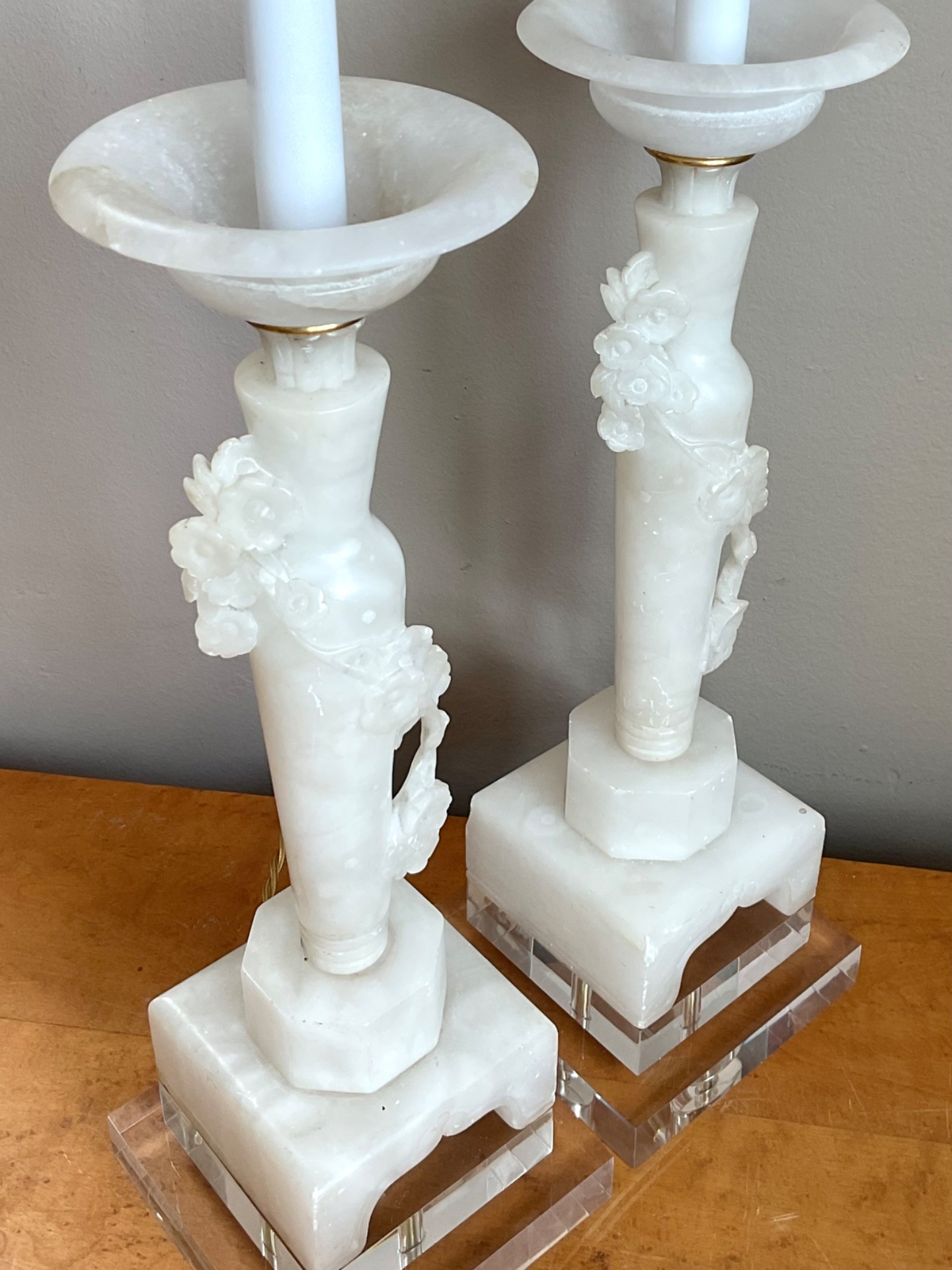 Vintage White Alabaster Candlestick Lamps - Set of 2 - Top view