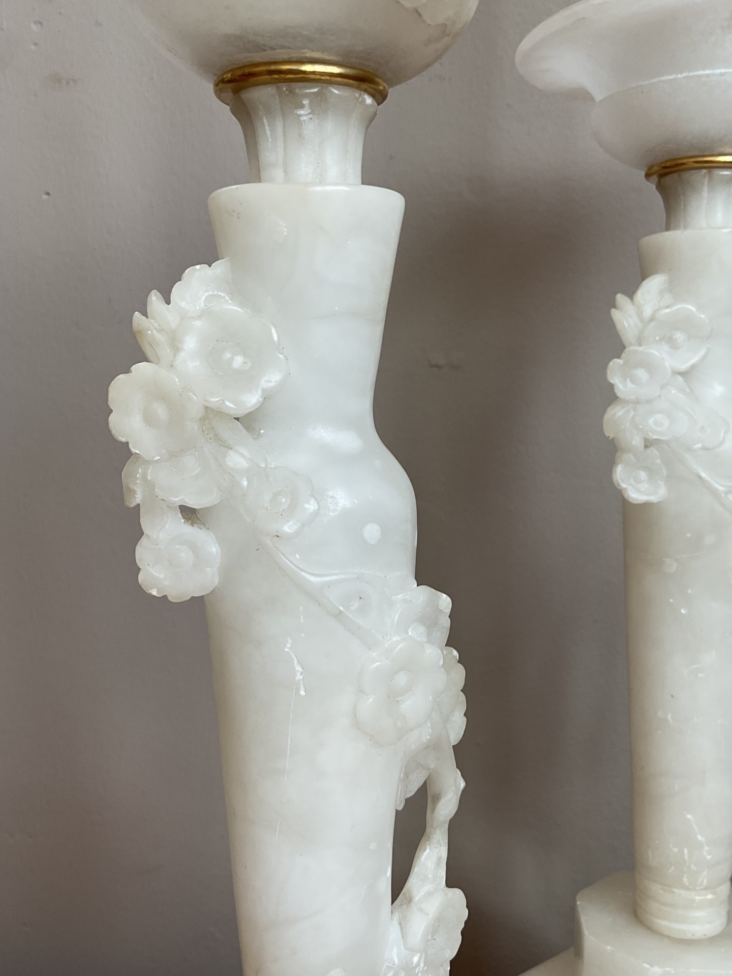 Vintage White Alabaster Candlestick Lamps - Set of 2 - Detail view