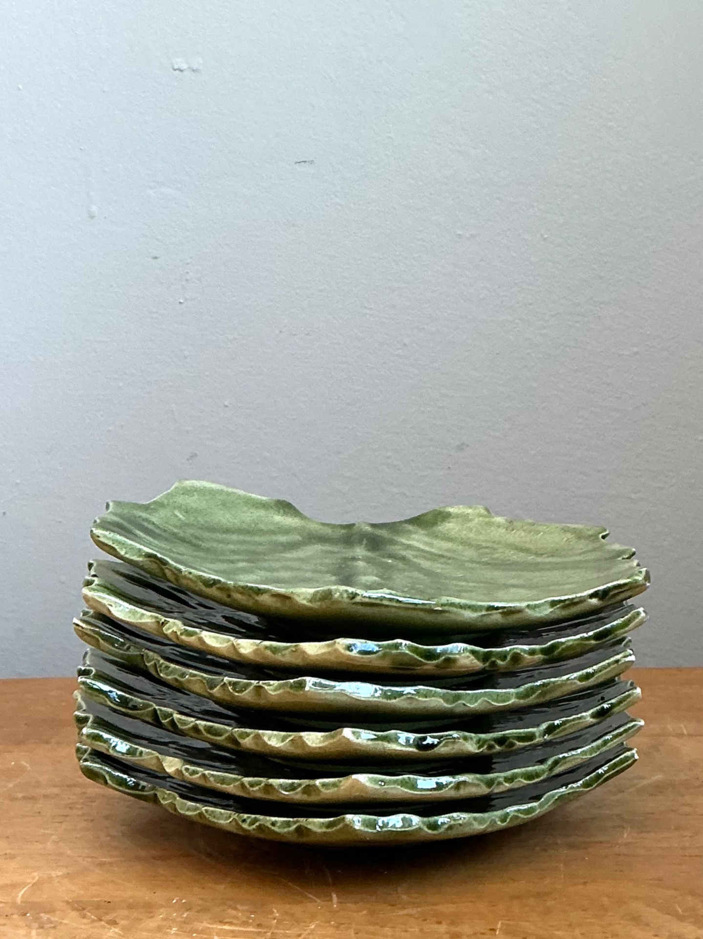 Vintage Glazed Ceramic Leaf Plates - Side view