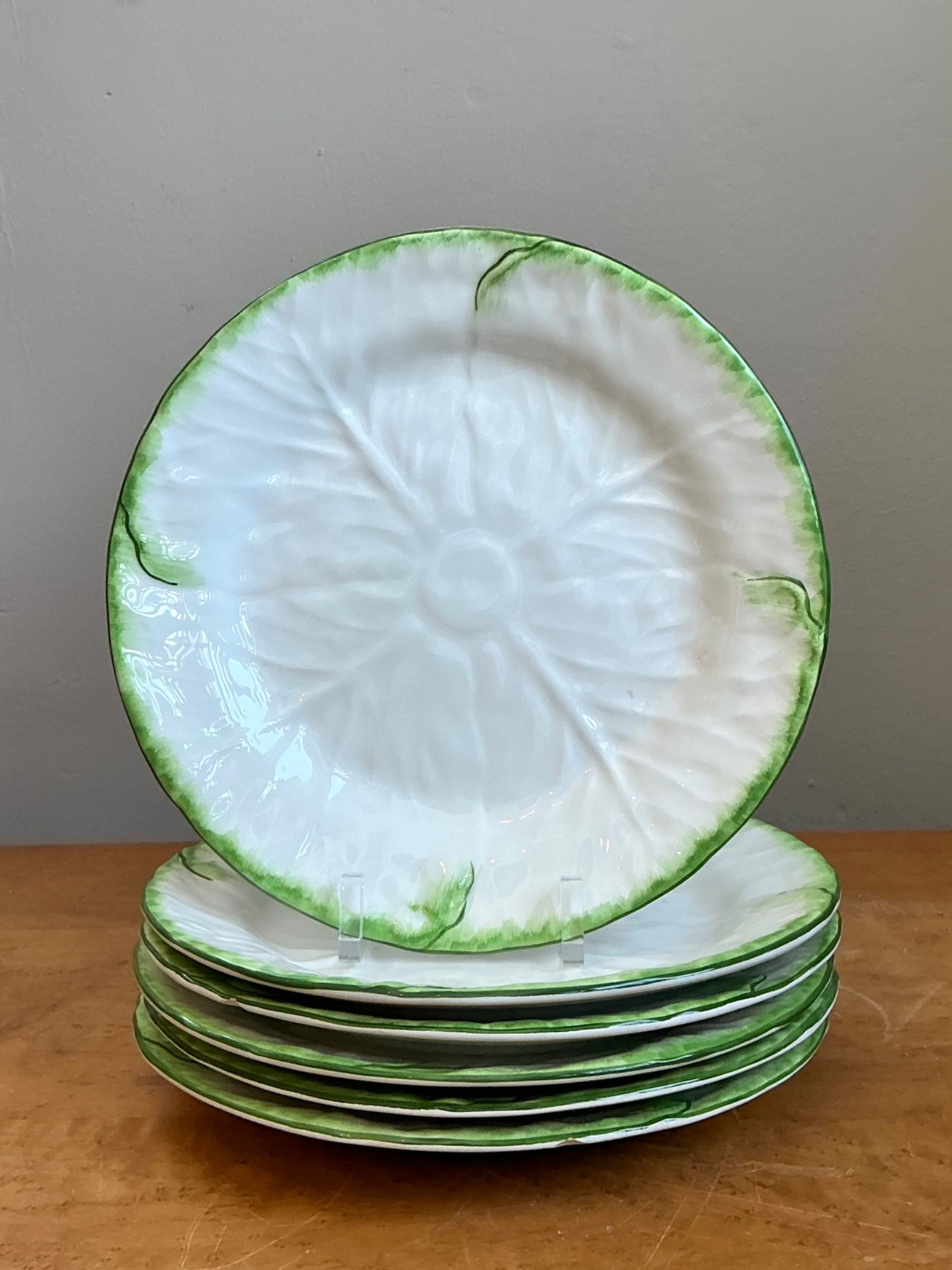 Set of 6 Vintage Tiffany and Co Ceramiche Cabbage Leaf Plates - Side view