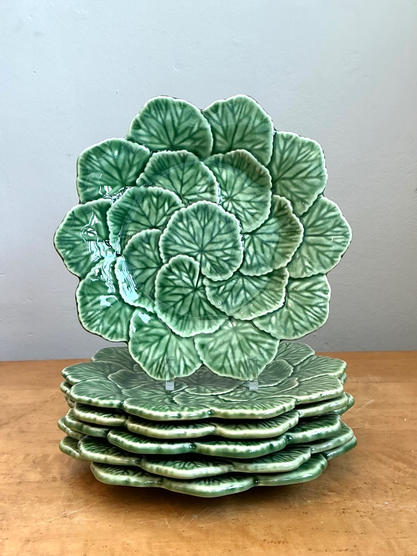 Vintage Bordallo Pinheiro Green Cabbage Leaf Plates - Set of 6 - Top view
