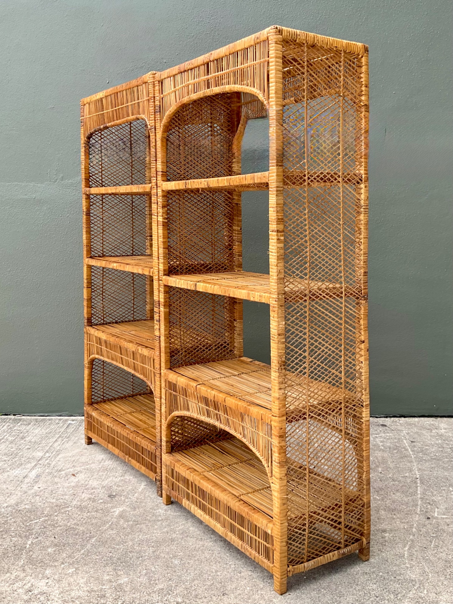 Vintage Woven Rattan Low Etagere - Set Of 2 - Side view
