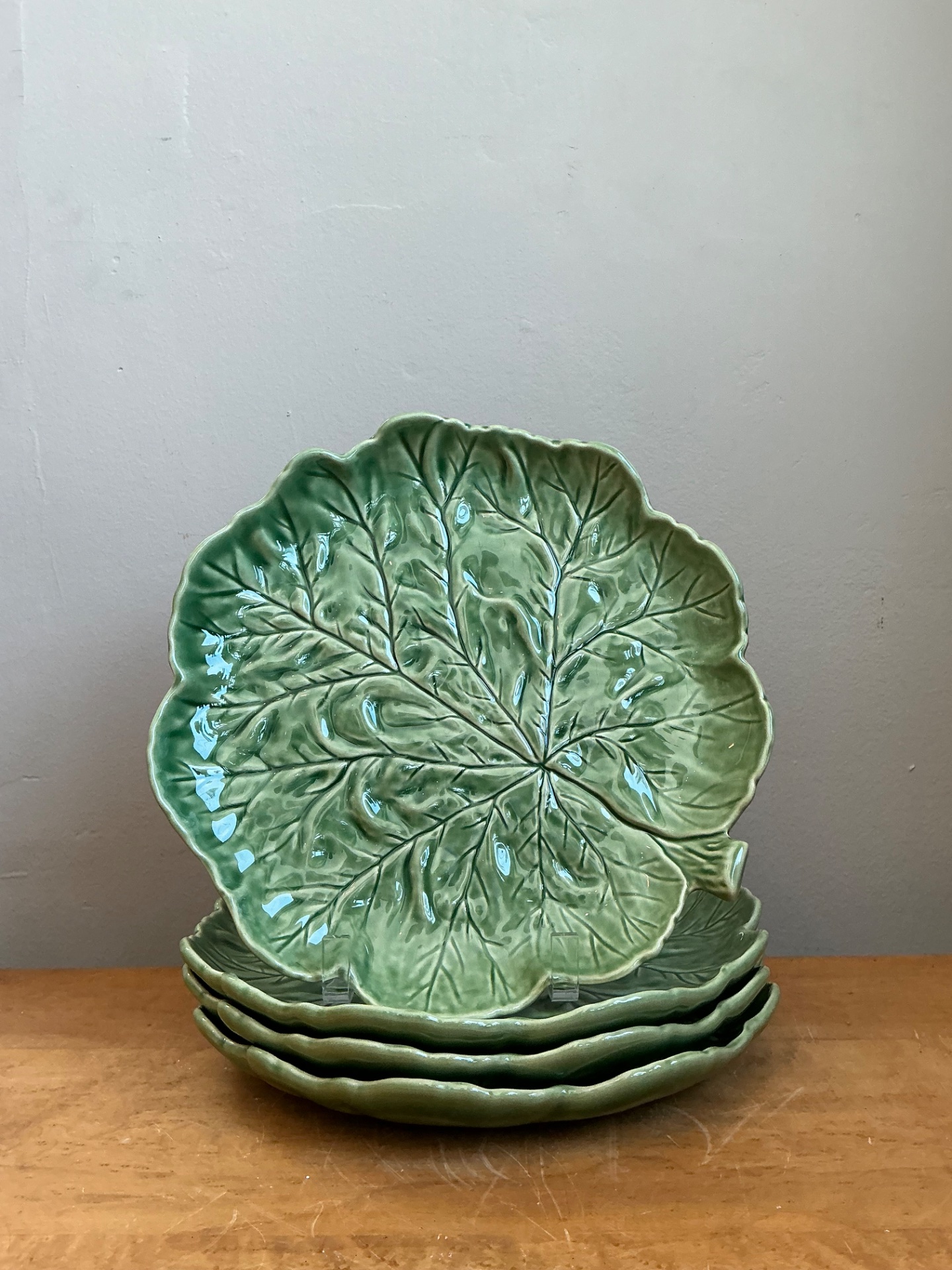 Vintage Bordallo Pinheiro Green Cabbage Leaf Plates - Set Of 4 - Top view