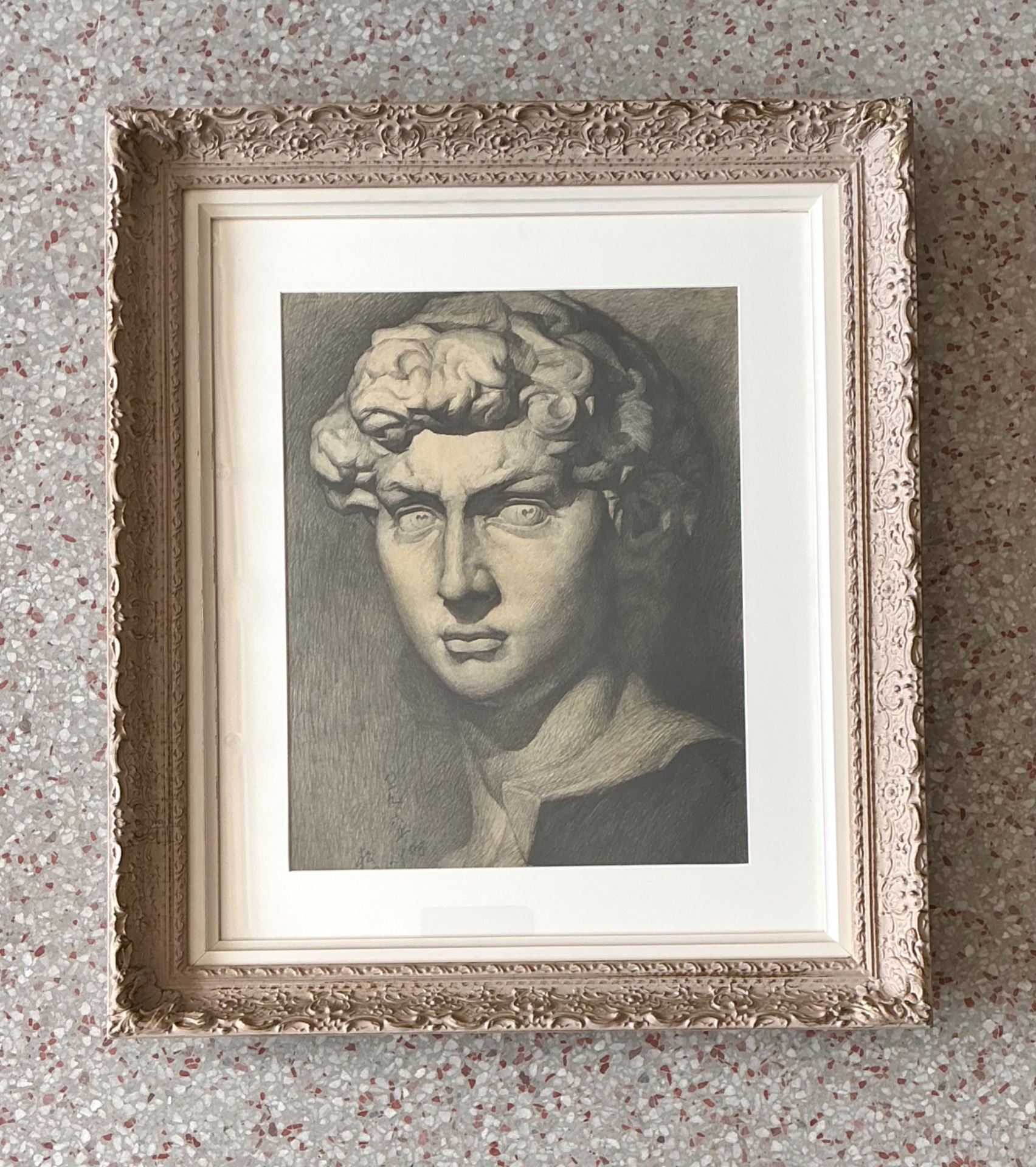 Vintage Graphite Portrait in Ornate Frame - Top view