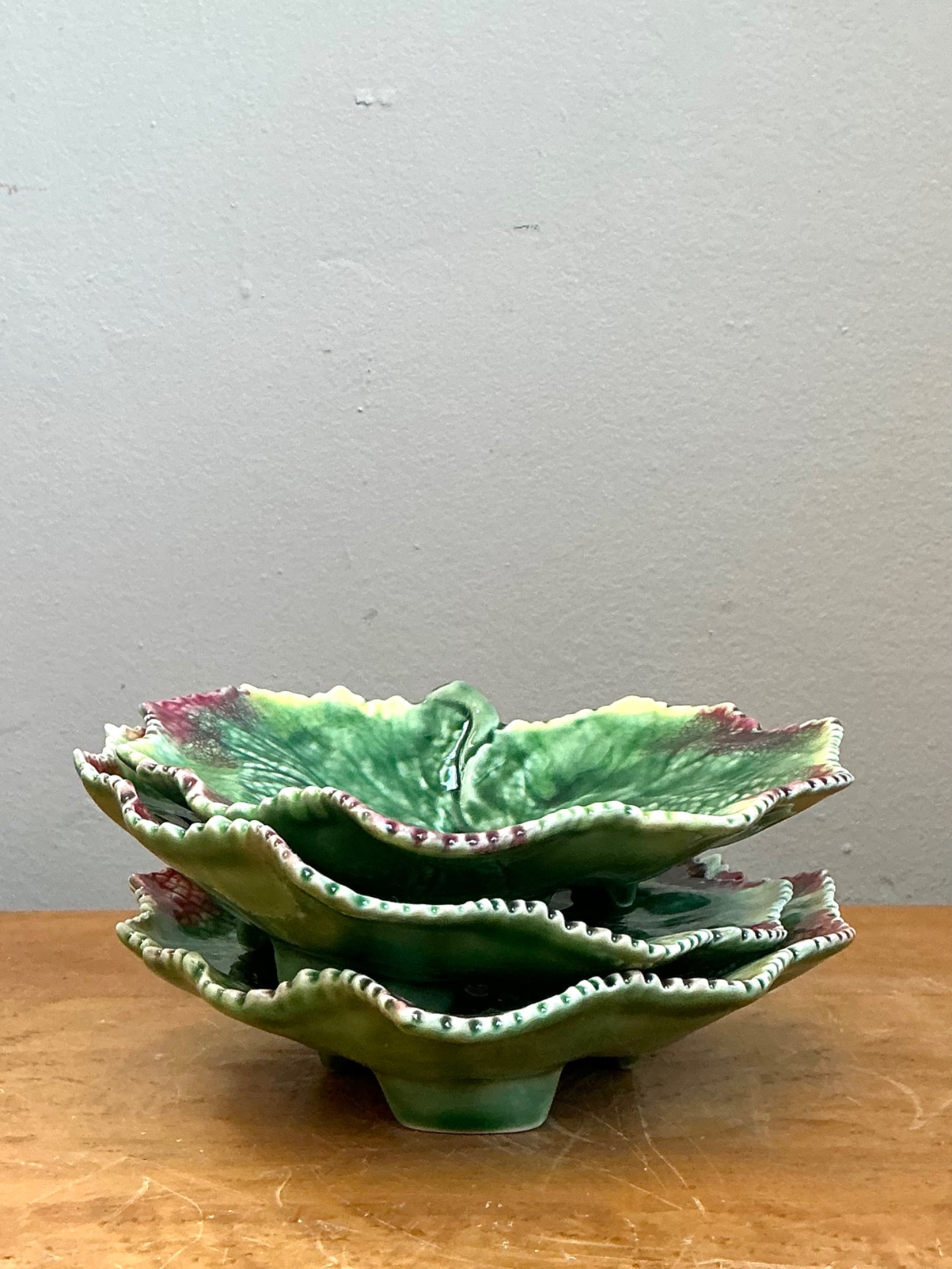 Vintage Bordallo Pinheiro Green Majolica Leaf Plates Trio - Side view