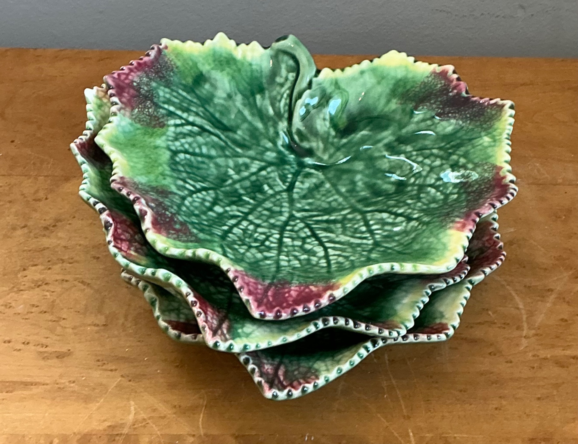 Vintage Bordallo Pinheiro Green Majolica Leaf Plates Trio - Back view