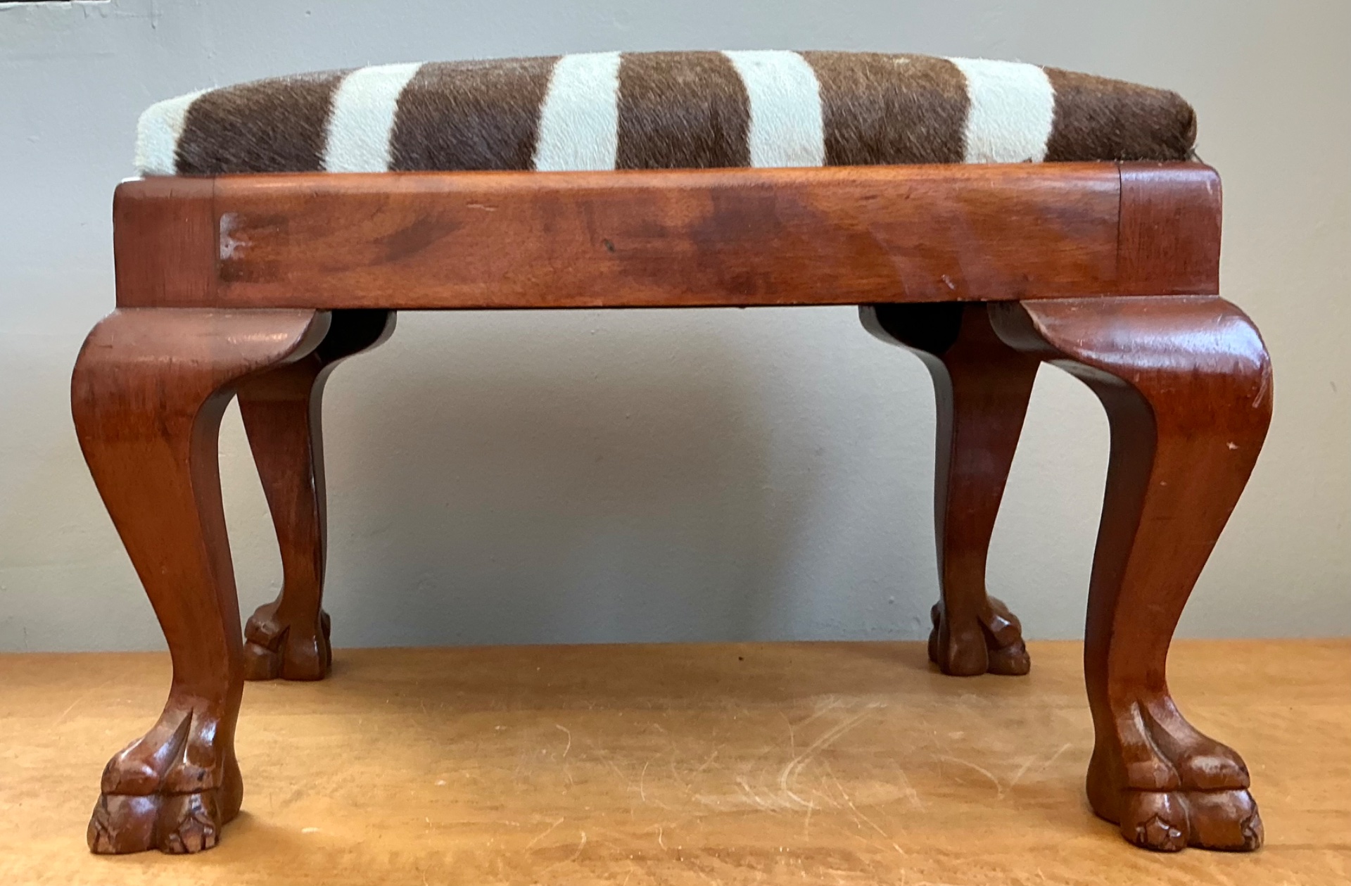 Vintage Zebra Upholstered Claw Foot Stool - Detail view