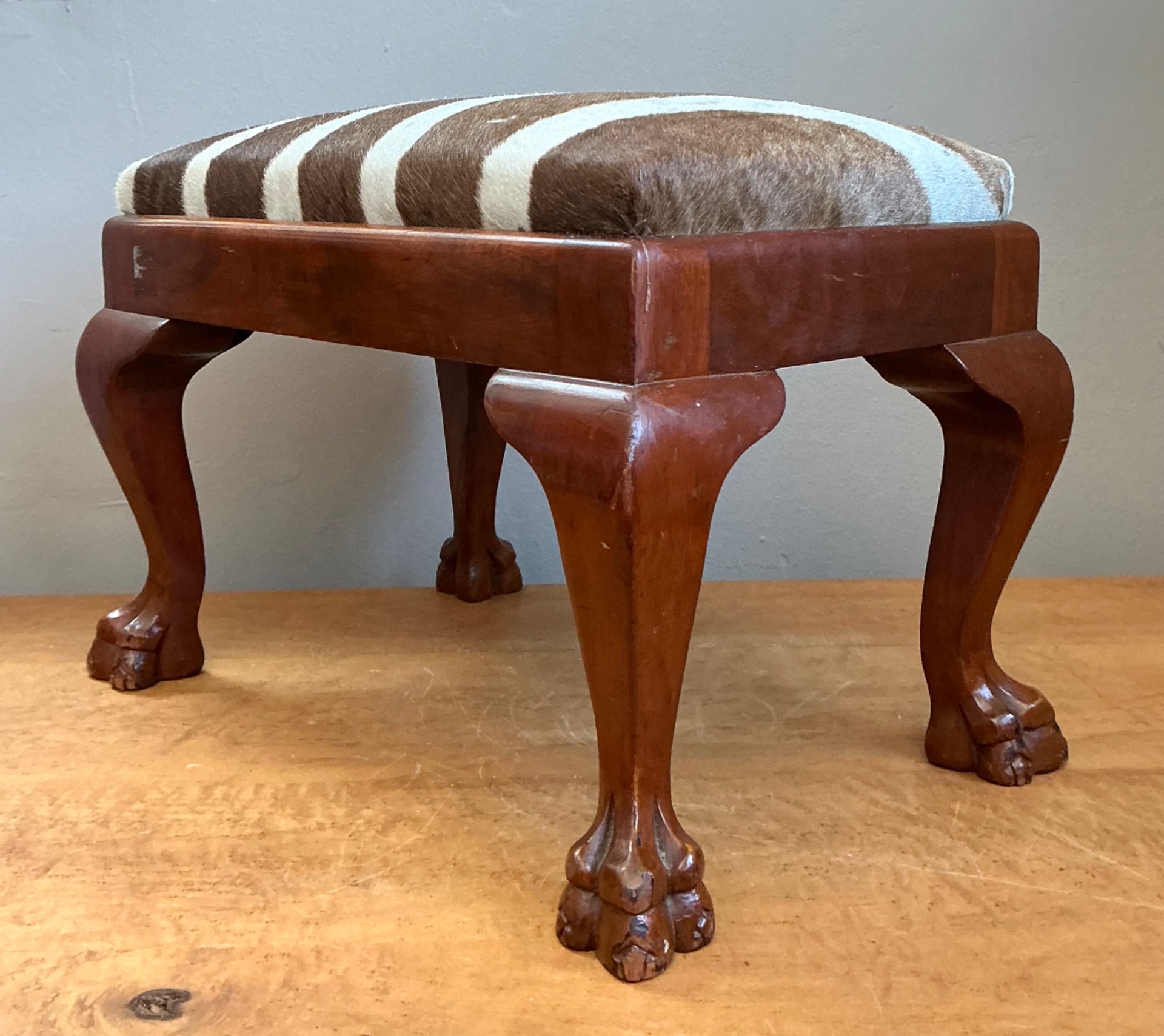 Vintage Zebra Upholstered Claw Foot Stool - Back view