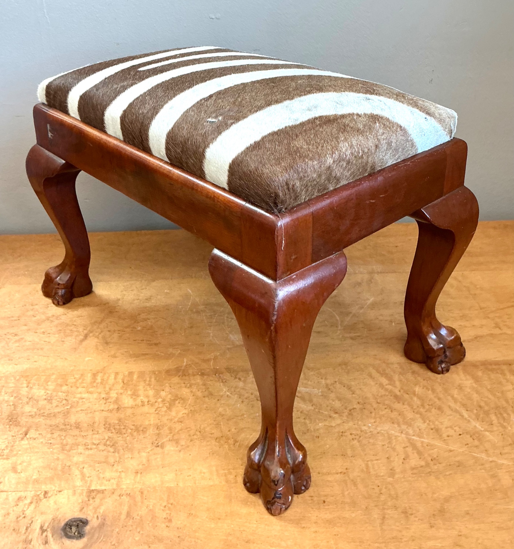 Vintage Zebra Upholstered Claw Foot Stool - Top view