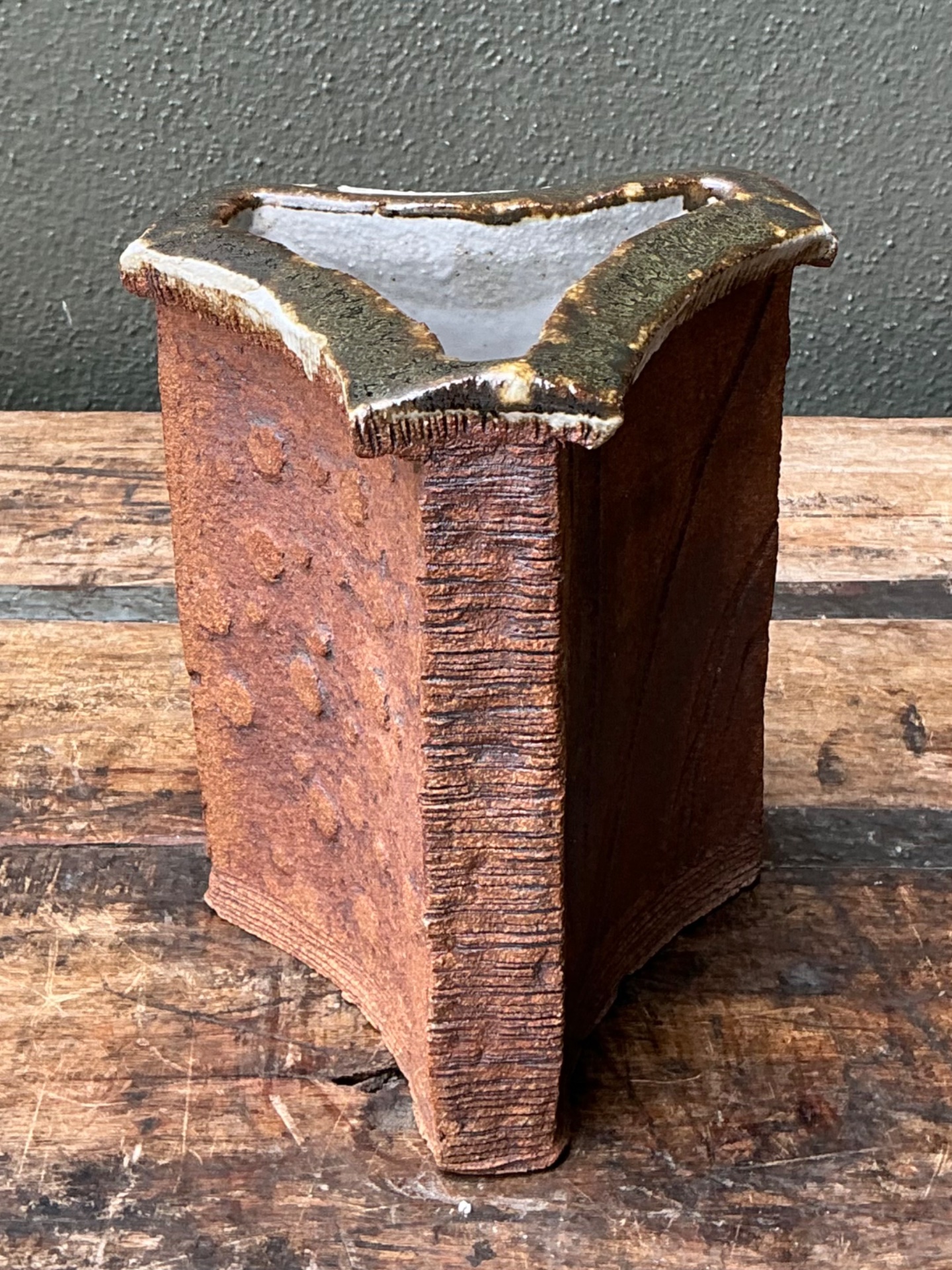 Vintage Original Studio Pottery Three Sided Vase - Top view