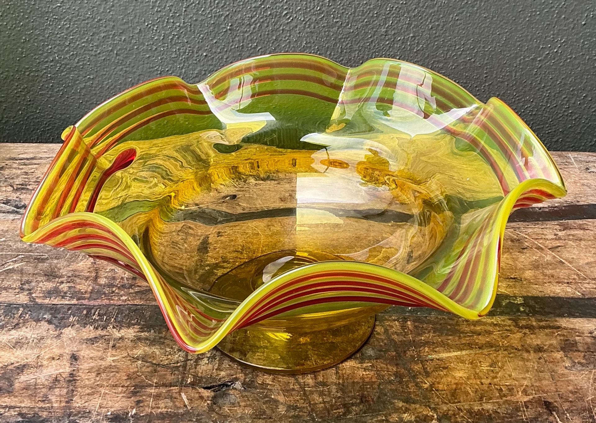 Vintage Striped Murano-Style Glass Centerpiece Bowl - Detail view