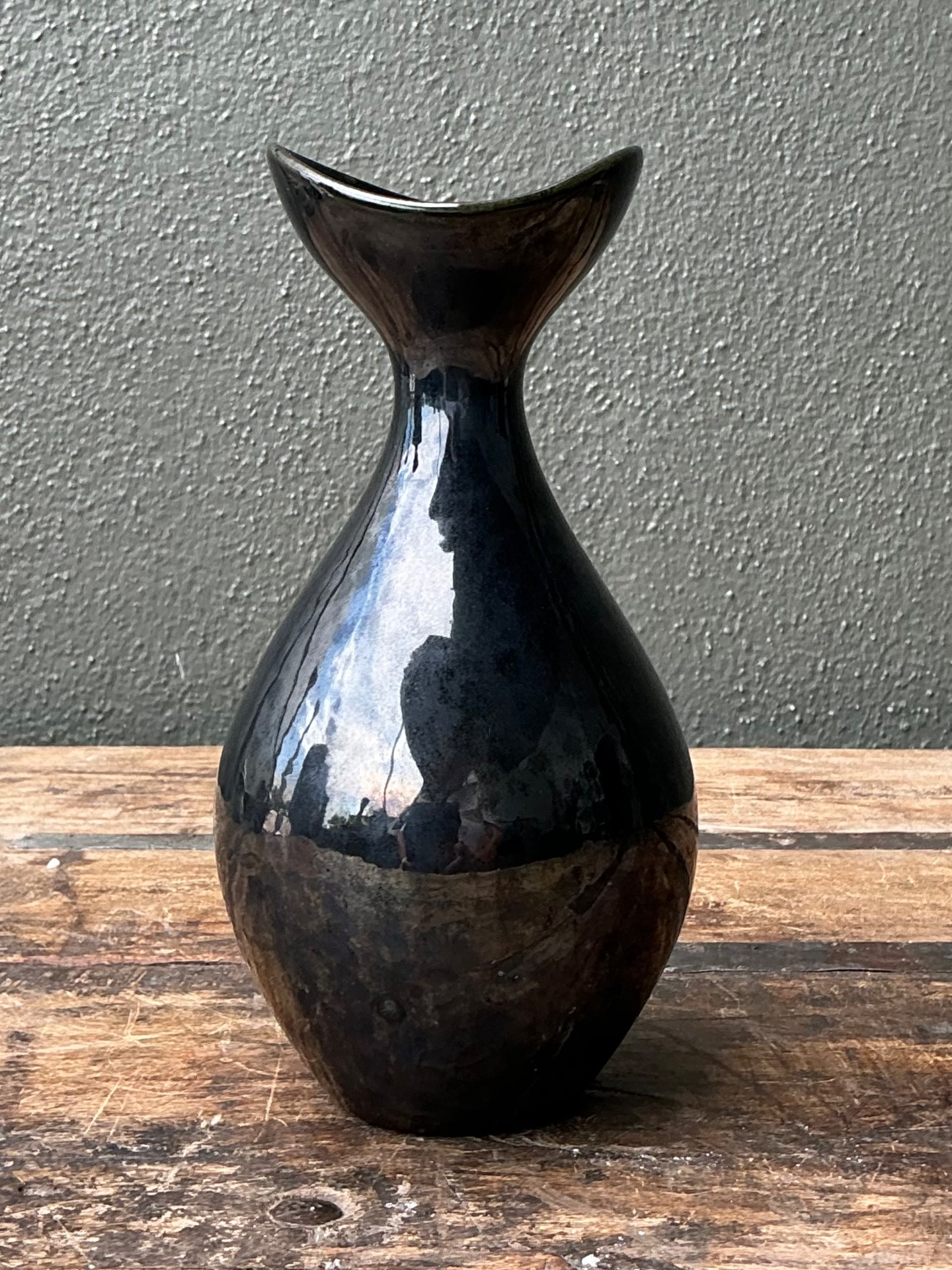 Vintage Black Glazed Ceramic Vase - Back view