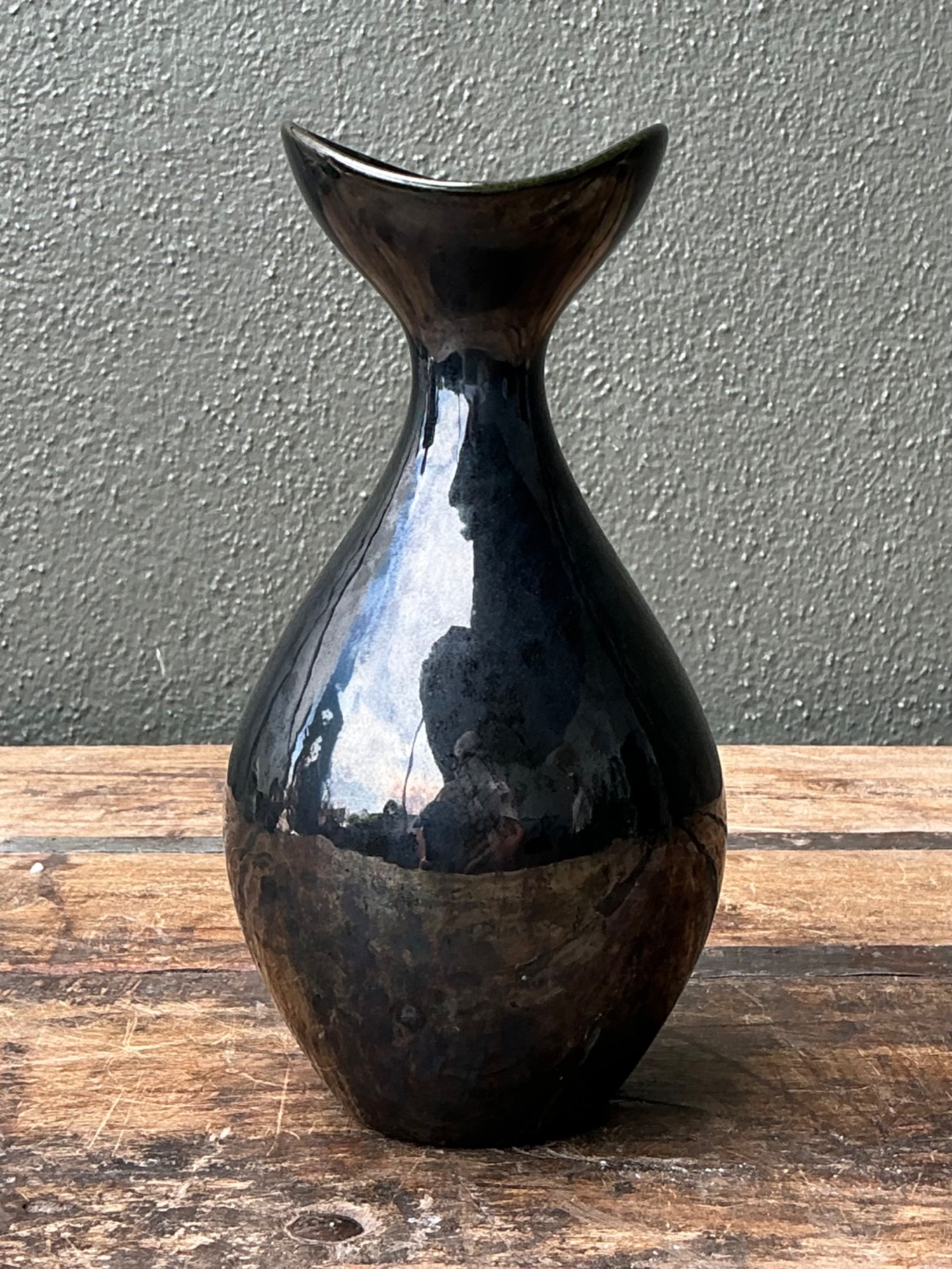 Vintage Black Glazed Ceramic Vase - Top view
