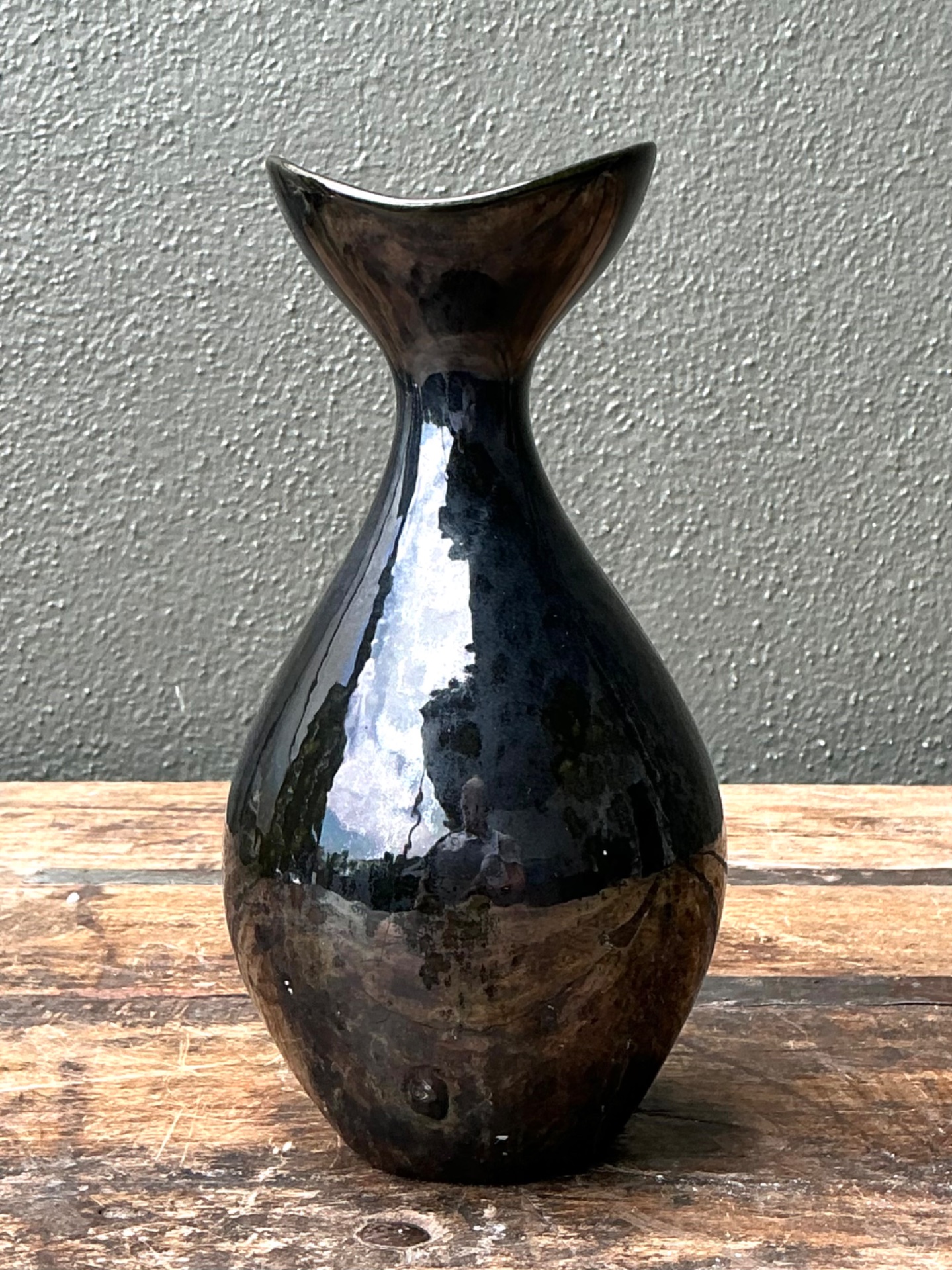 Vintage Black Glazed Ceramic Vase - Side view
