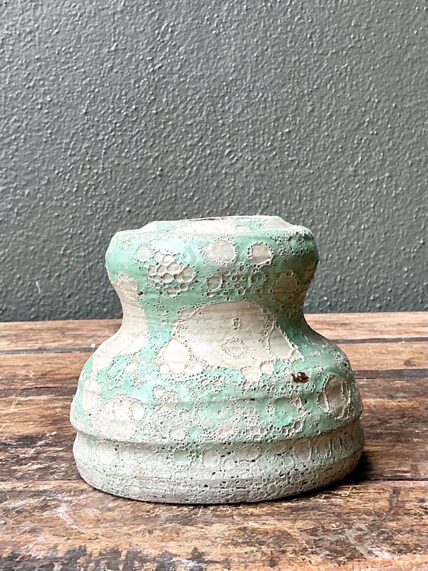 Vintage Textured Green Ceramic Vase - Side view