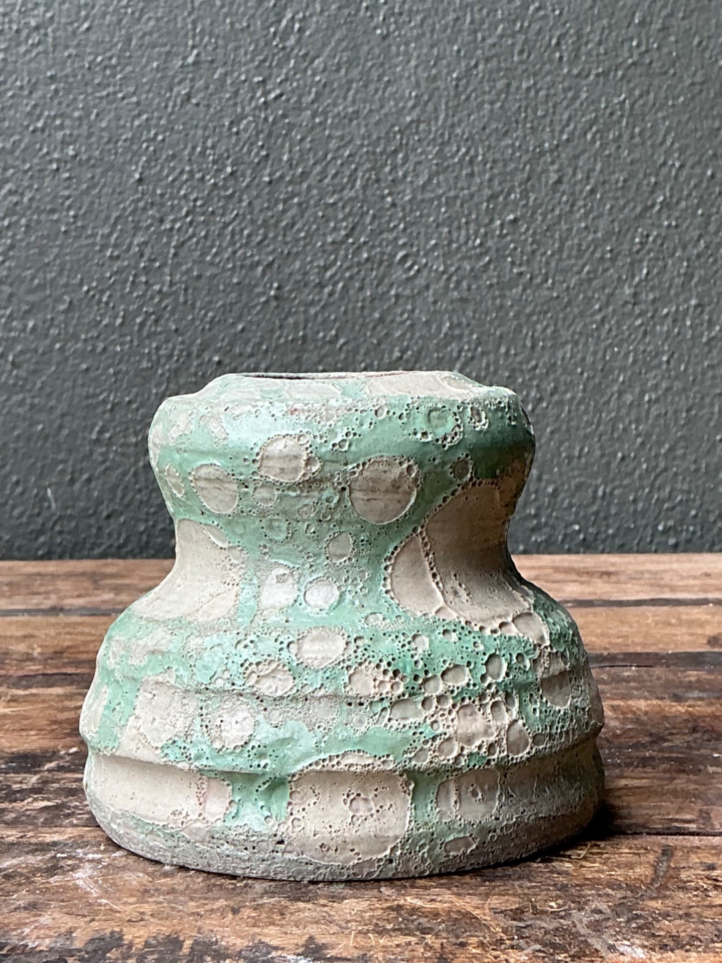 Vintage Textured Green Ceramic Vase - Top view