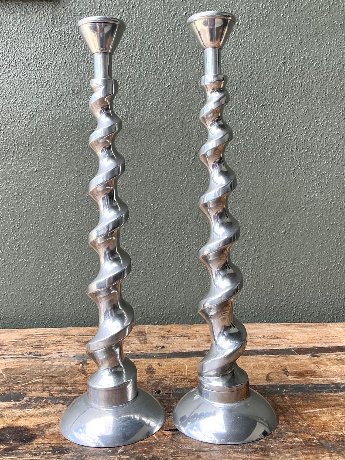 Vintage Spiral Aluminum Candle Holders - A Pair - Side view