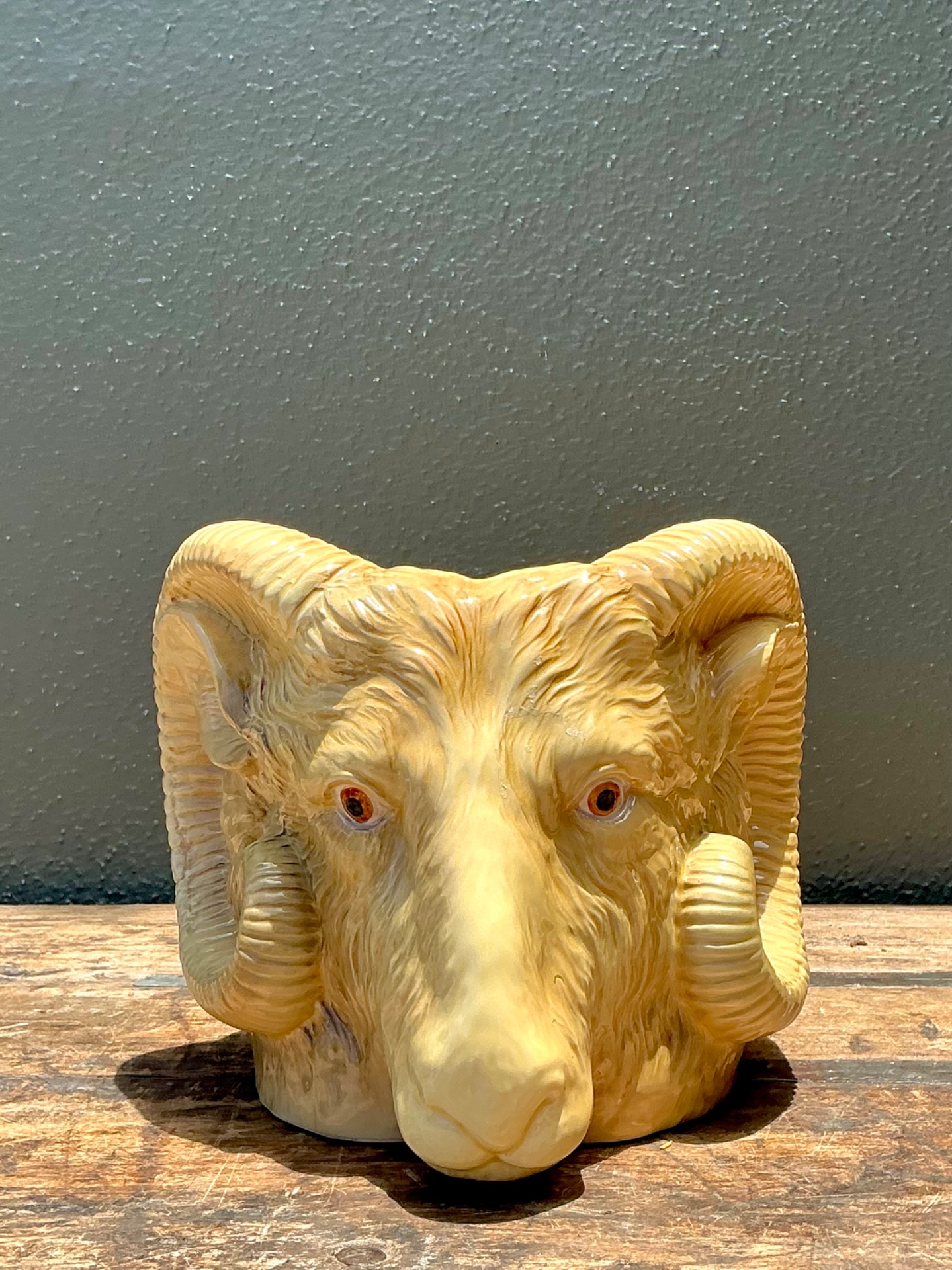 Vintage Italian Ceramic Rams Head Cache Pot - Side view