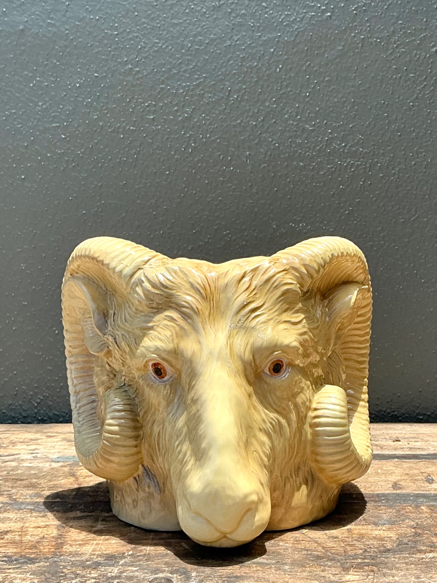 Vintage Italian Ceramic Rams Head Cache Pot - Back view