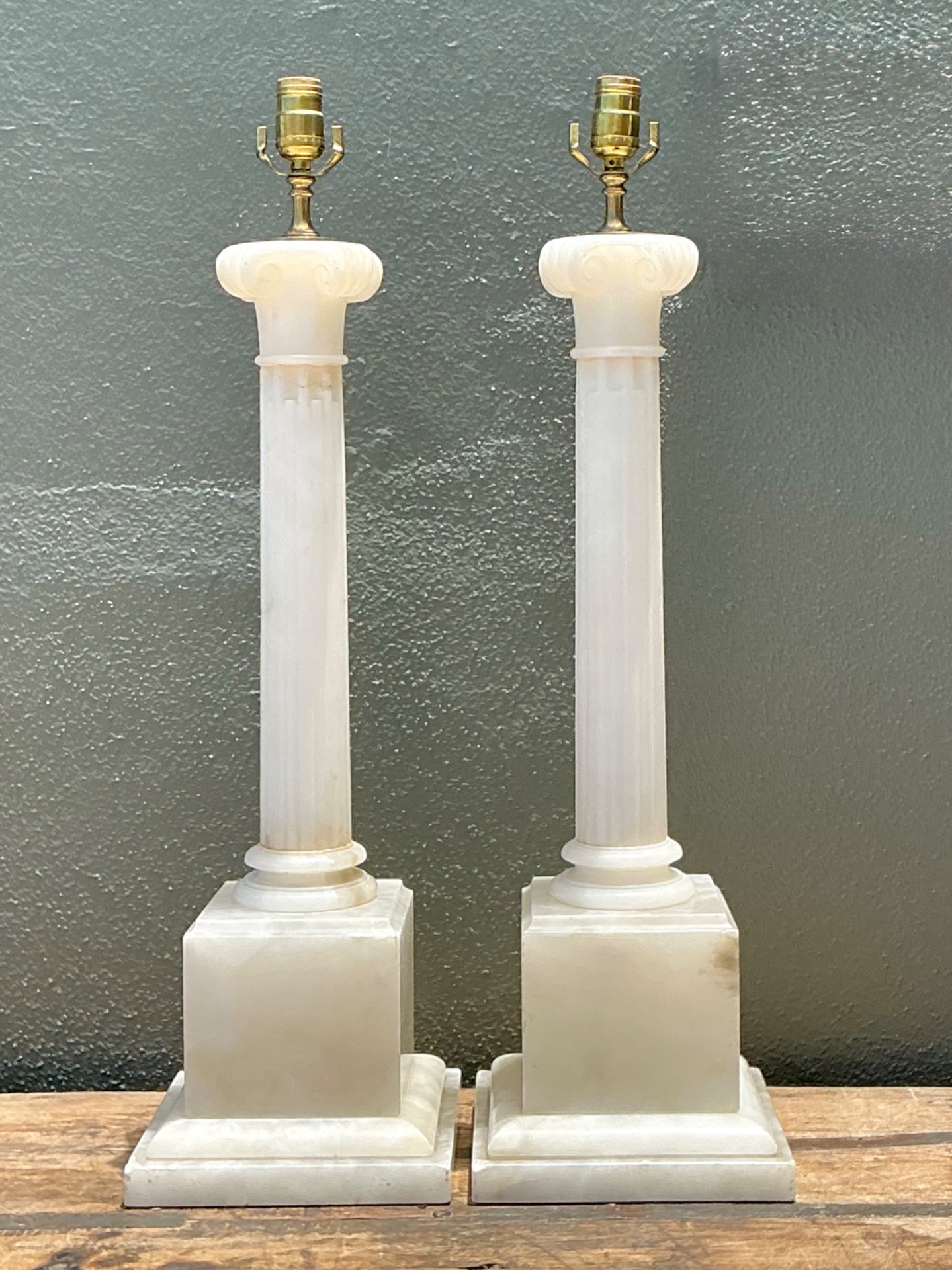 Vintage Alabaster Column Table Lamps - A Pair - Side view