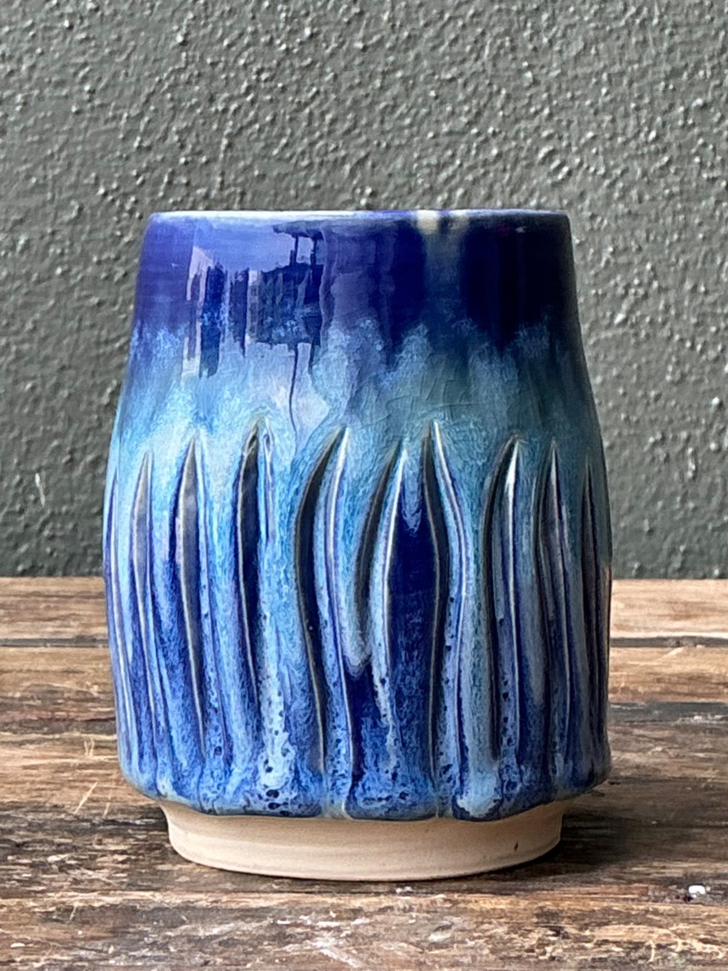 Vintage Studio Pottery Blue Ceramic Vase - Side view