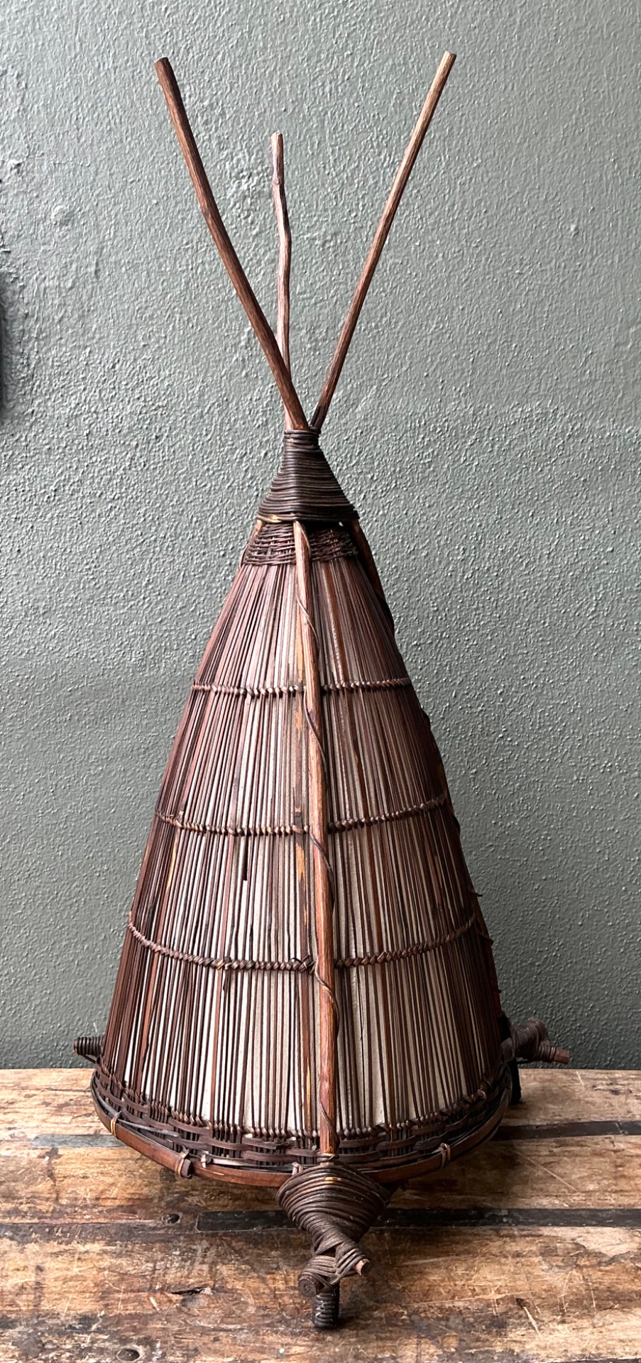 Vintage Japanese Woven Reed Lamp - Side view